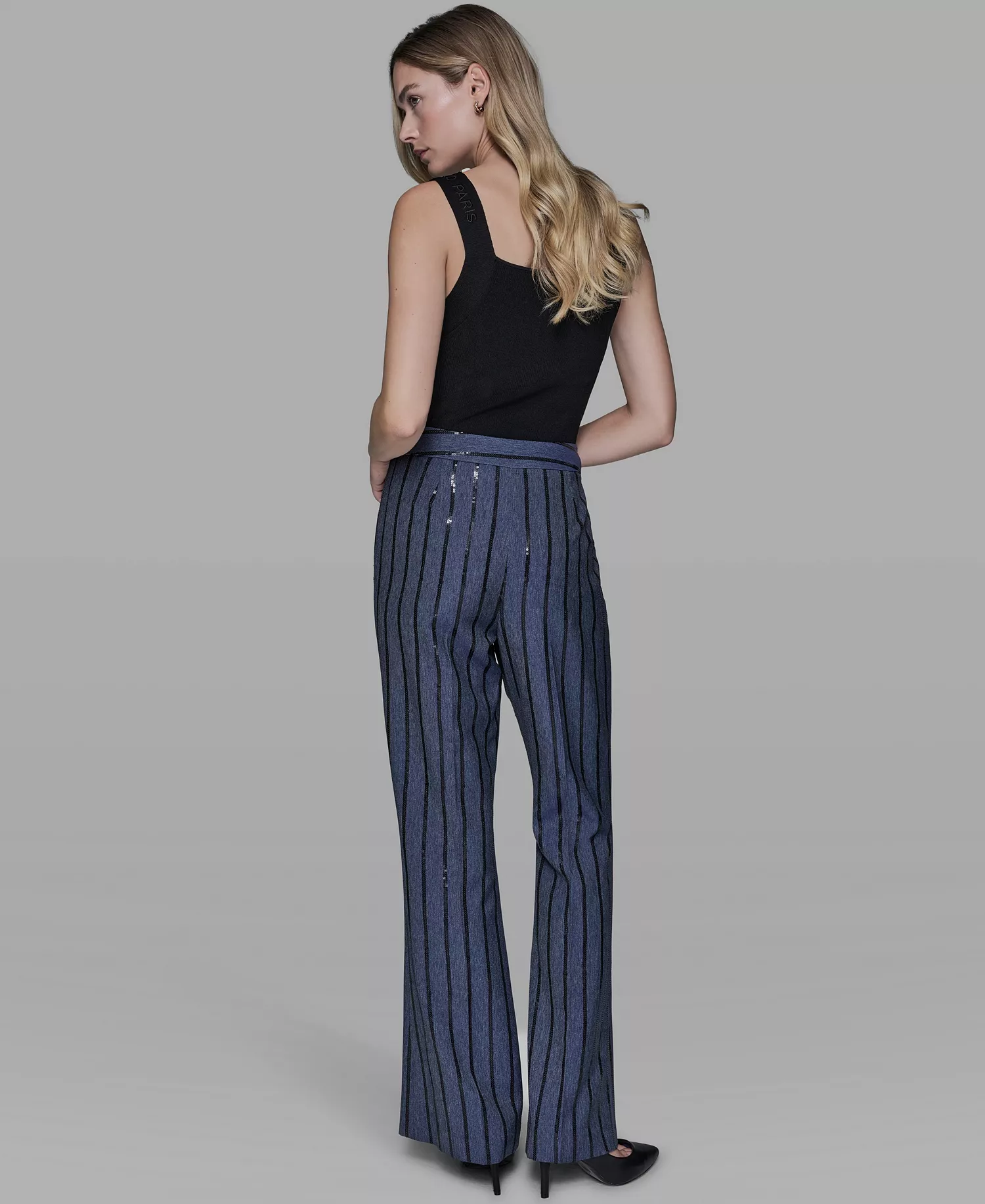 Women's Mid Rise Striped Sequin Pants - Indigo/black Stripe - 10