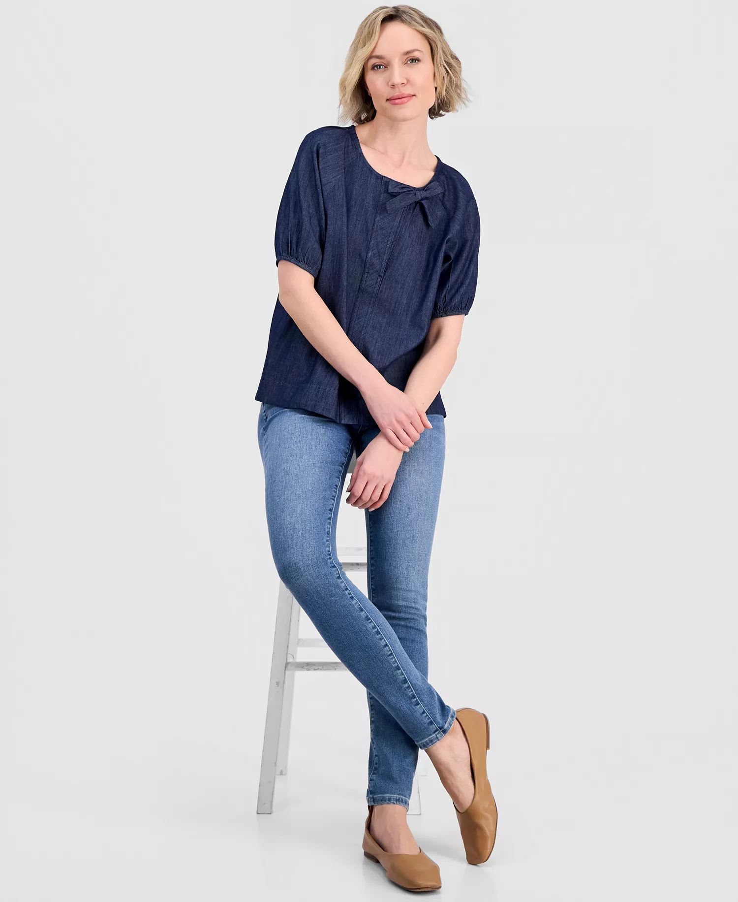 Jeans Women's Chambray Side Bow Blouse - Dark Azure - L