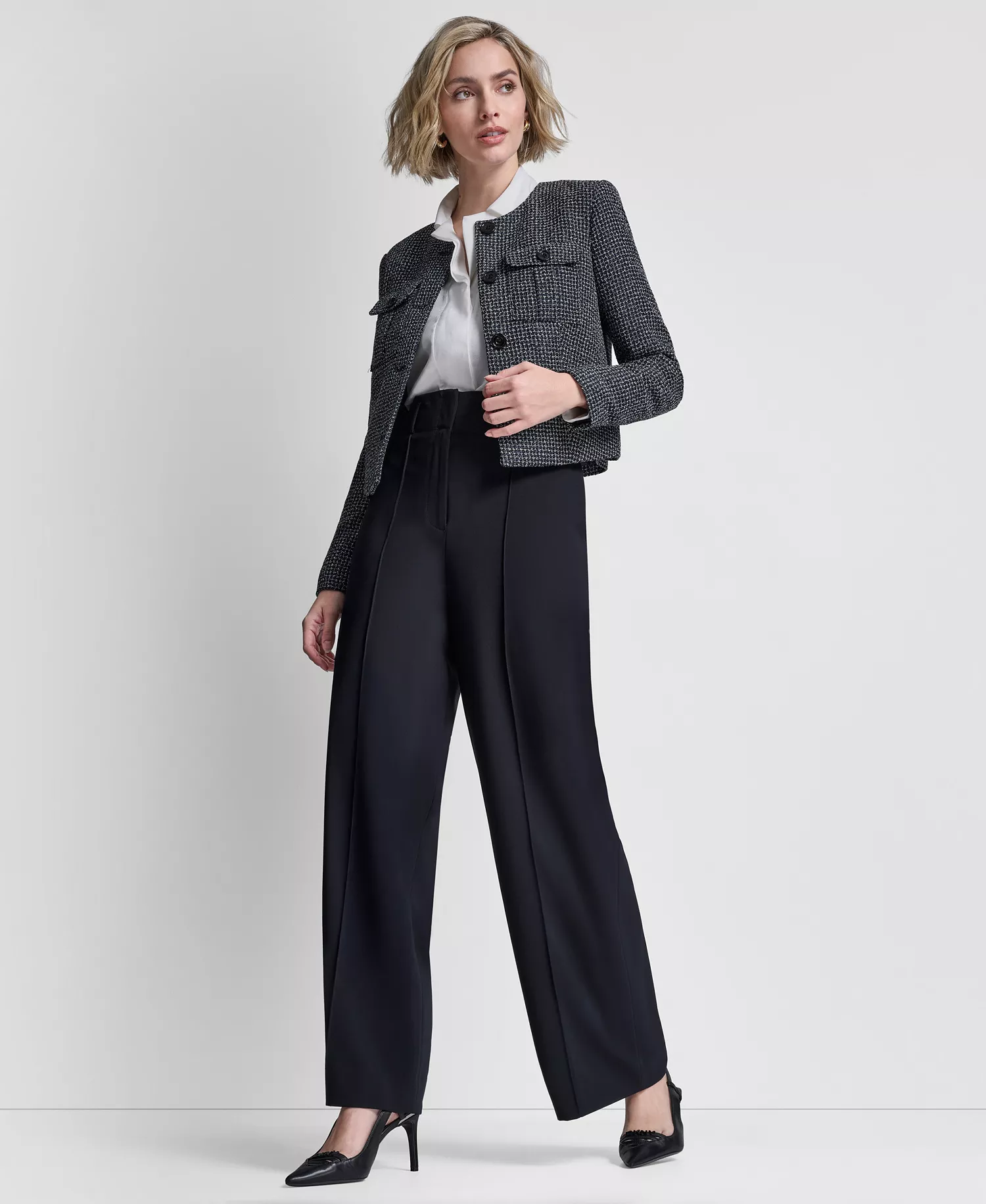 Women's Collarless Cropped 4-Button Jacket - Navy Combo - 10