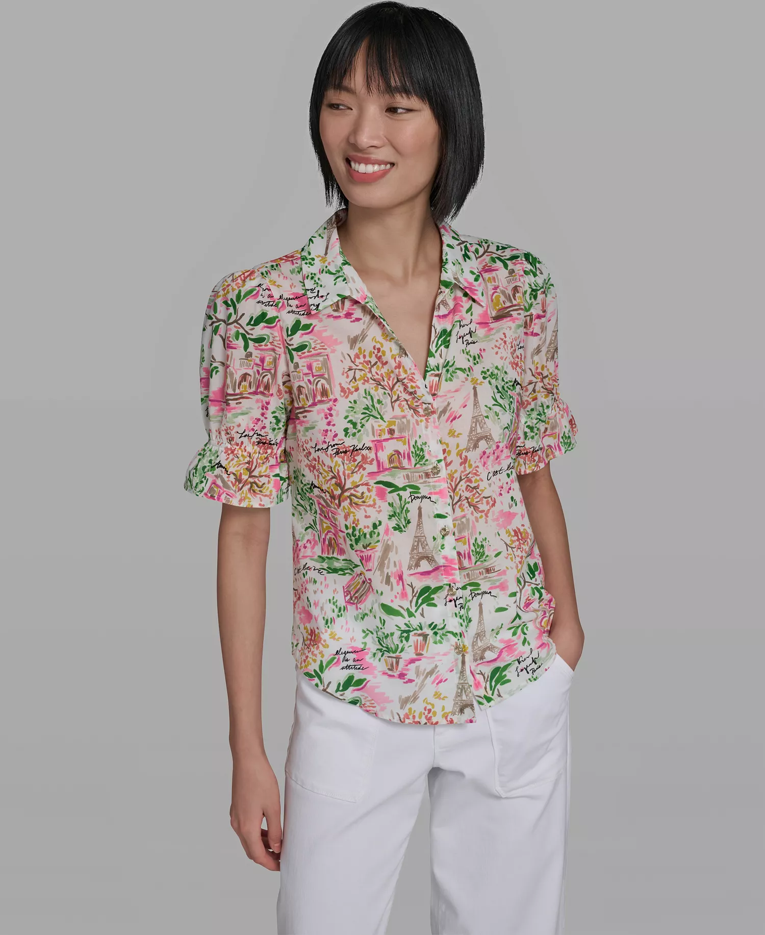 Women's All-Over Parisian Floral Printed Button Down Top - Soft White/pink Carnation Multi - L