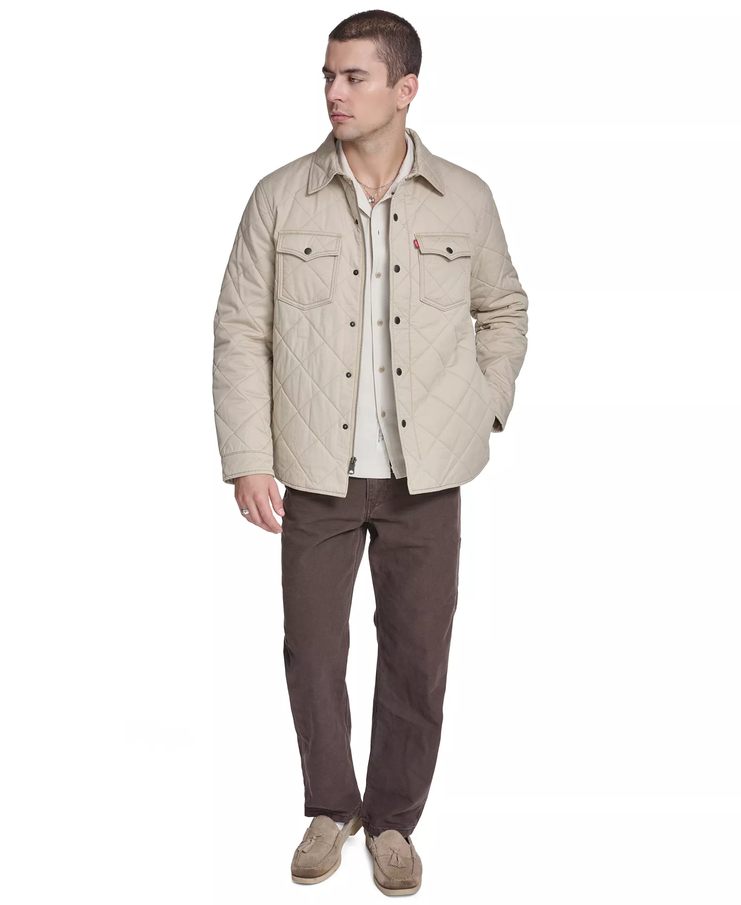 Men's Quilted Zippered Western Shirt Jacket - Safari - 2XL
