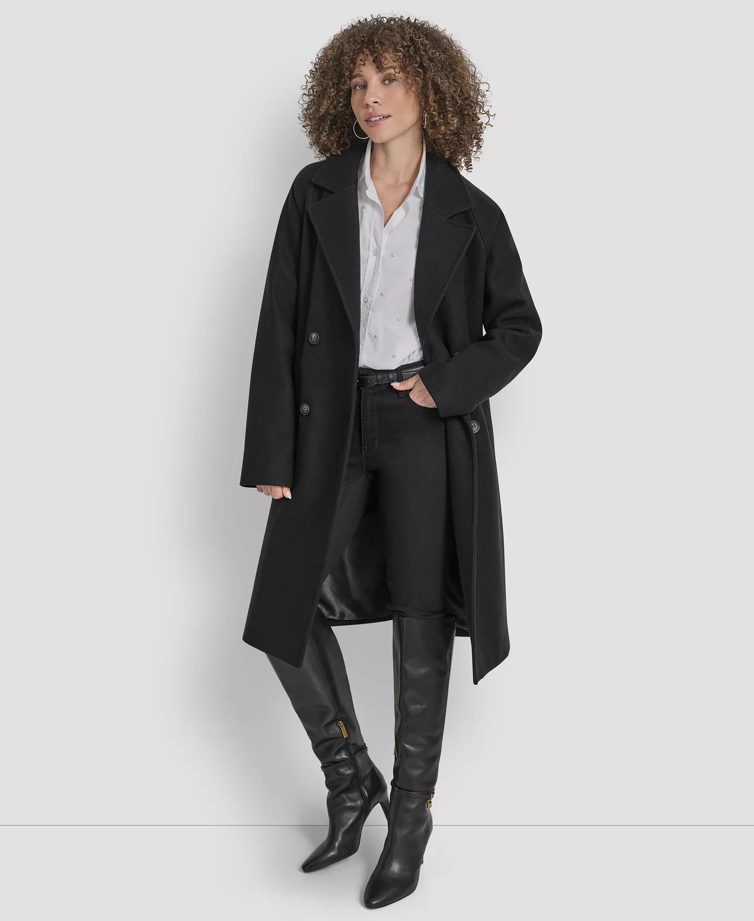 Women's Belted Notch Collar Coat - Black - L