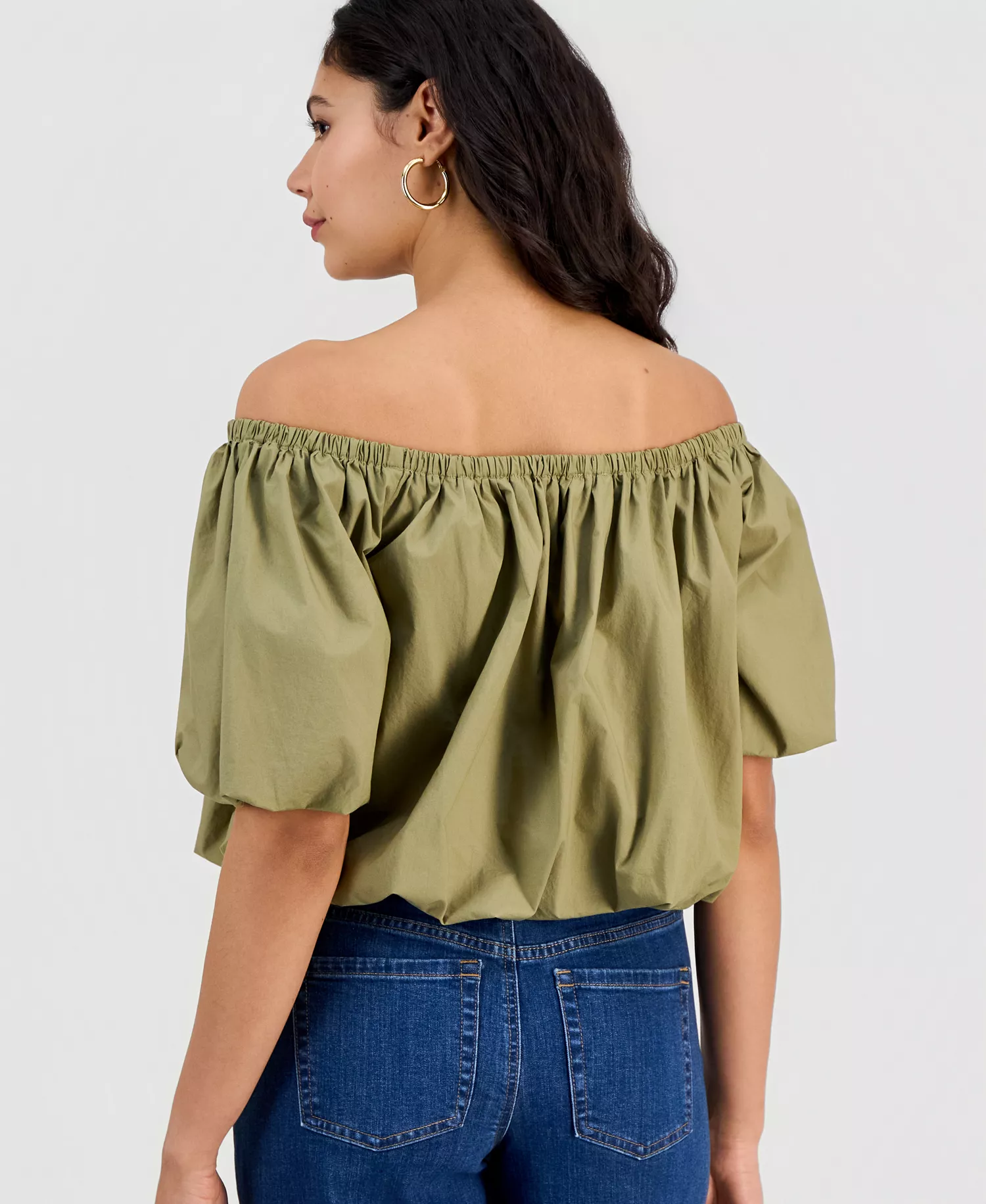 Women's Cotton Off-The-Shoulder Bubble-Hem Blouse, Macy's Exclusive - Dried Herb - L