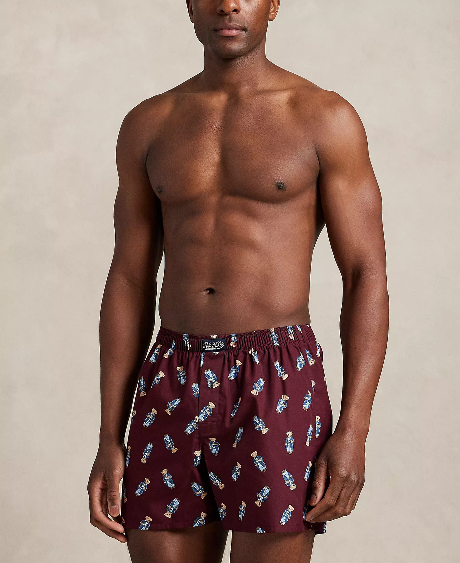 Men's Holiday Bear Printed Woven Single-Button Fly Boxers - Classic Wine/F25 Morning Robe Bear Aop - M