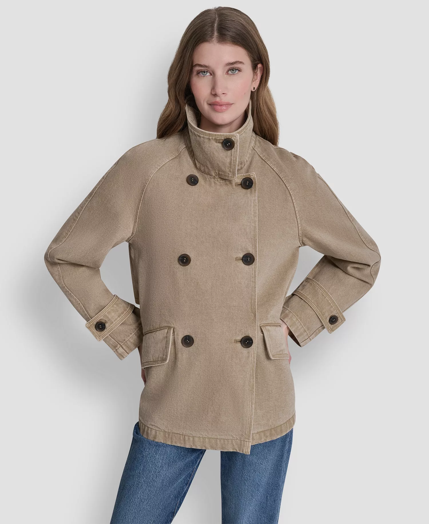 Women's Denim Double Breasted A-Line Coat - Khaki - L