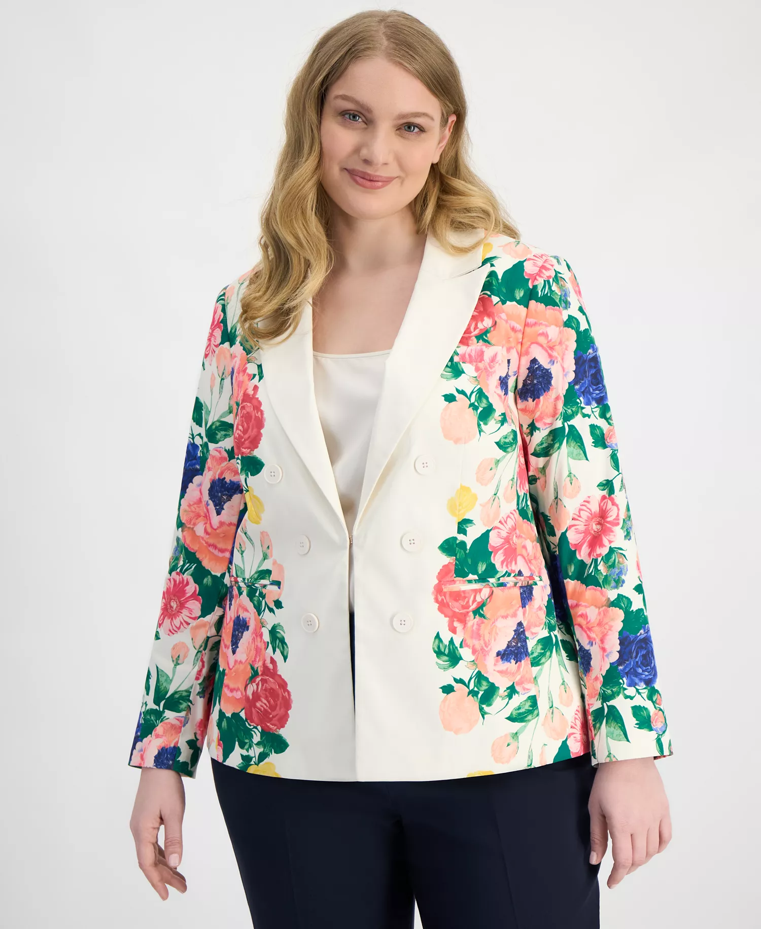 Plus Size Printed Faux Double-Breasted Blazer  - Ivory Multi - 14W