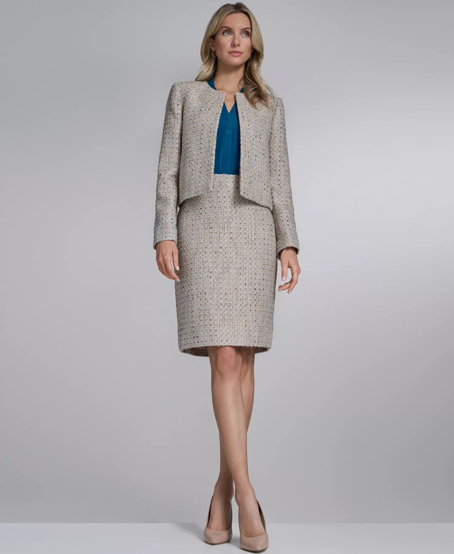 Women's Novelty 3-Button Jacket and Tweed Pencil Skirt - Latte Multi - 10