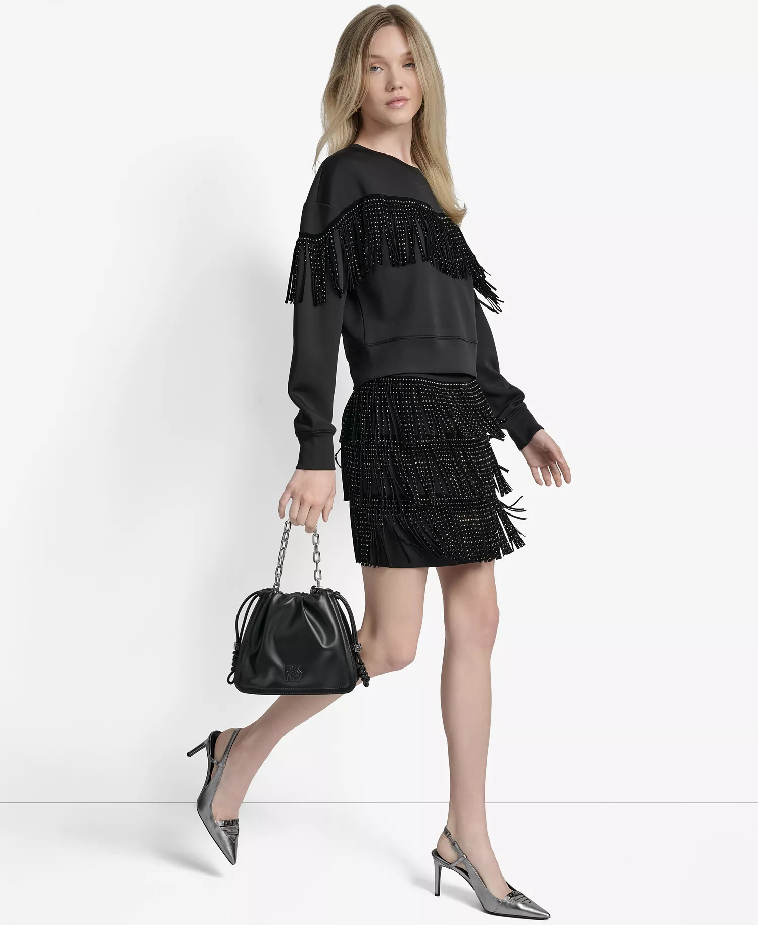 Women's Long Sleeve Studded Fringe Pullover  - Black - M