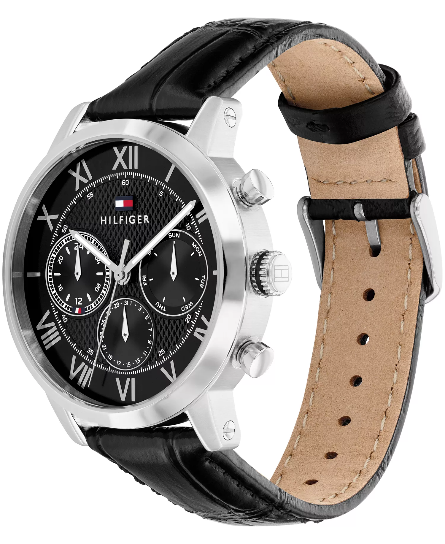 Men's Multifunction Black Leather Strap Watch, 42mm - Black - 42