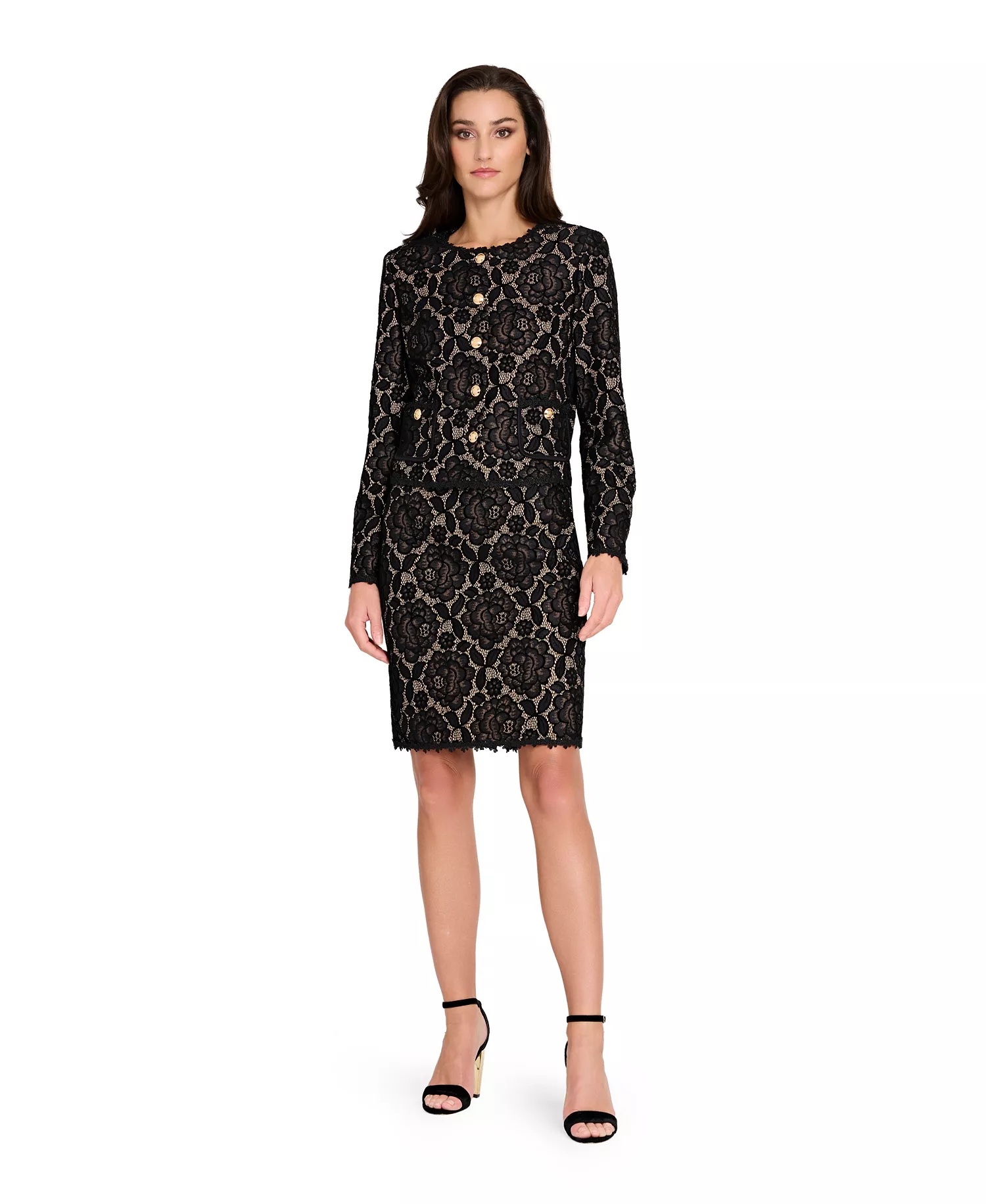 Women's Collarless Bonded Lace Jacket - Black Nude - 10