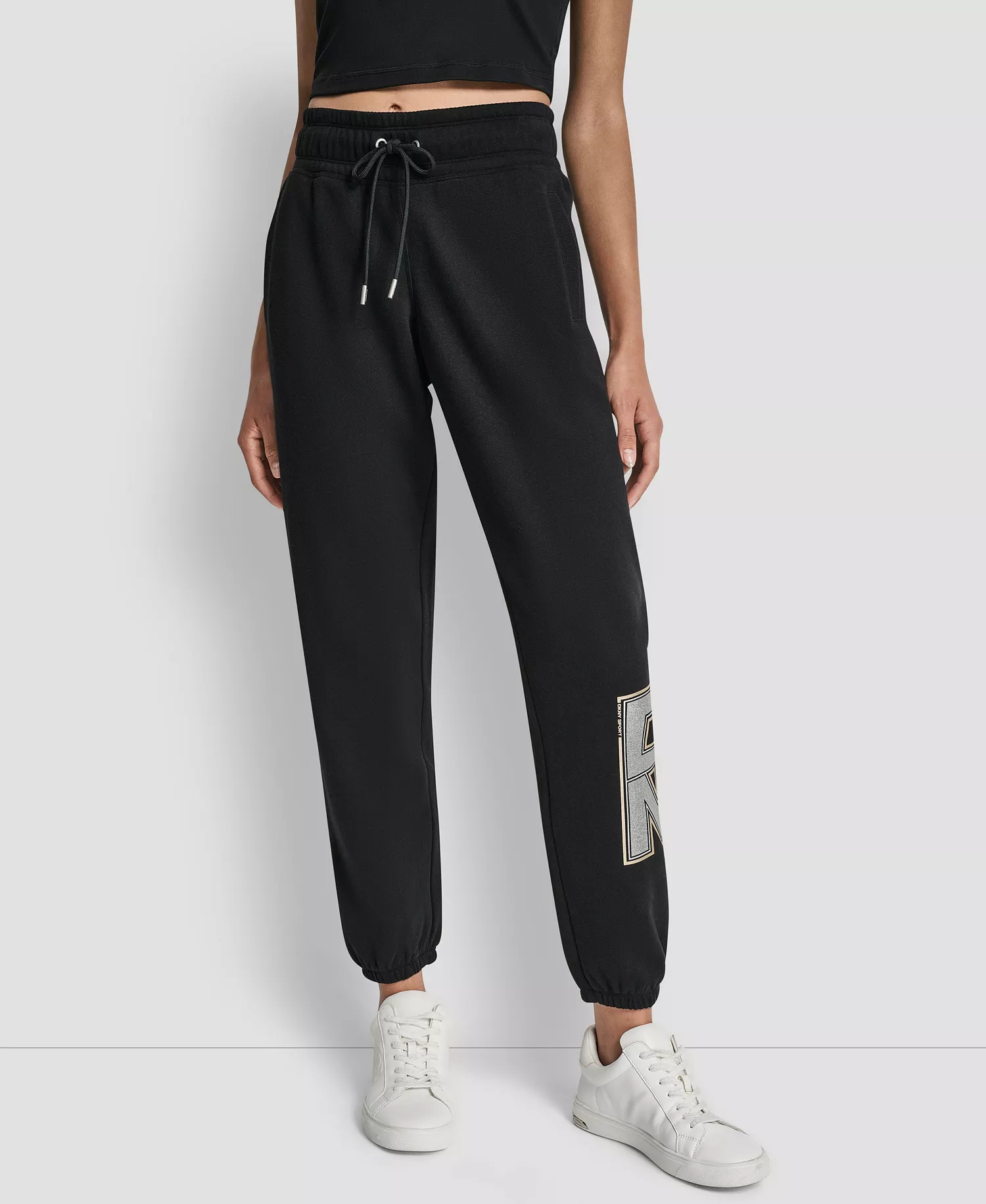 Women's Mixed Metal Stacked Glitter Logo Jogger - Black - L