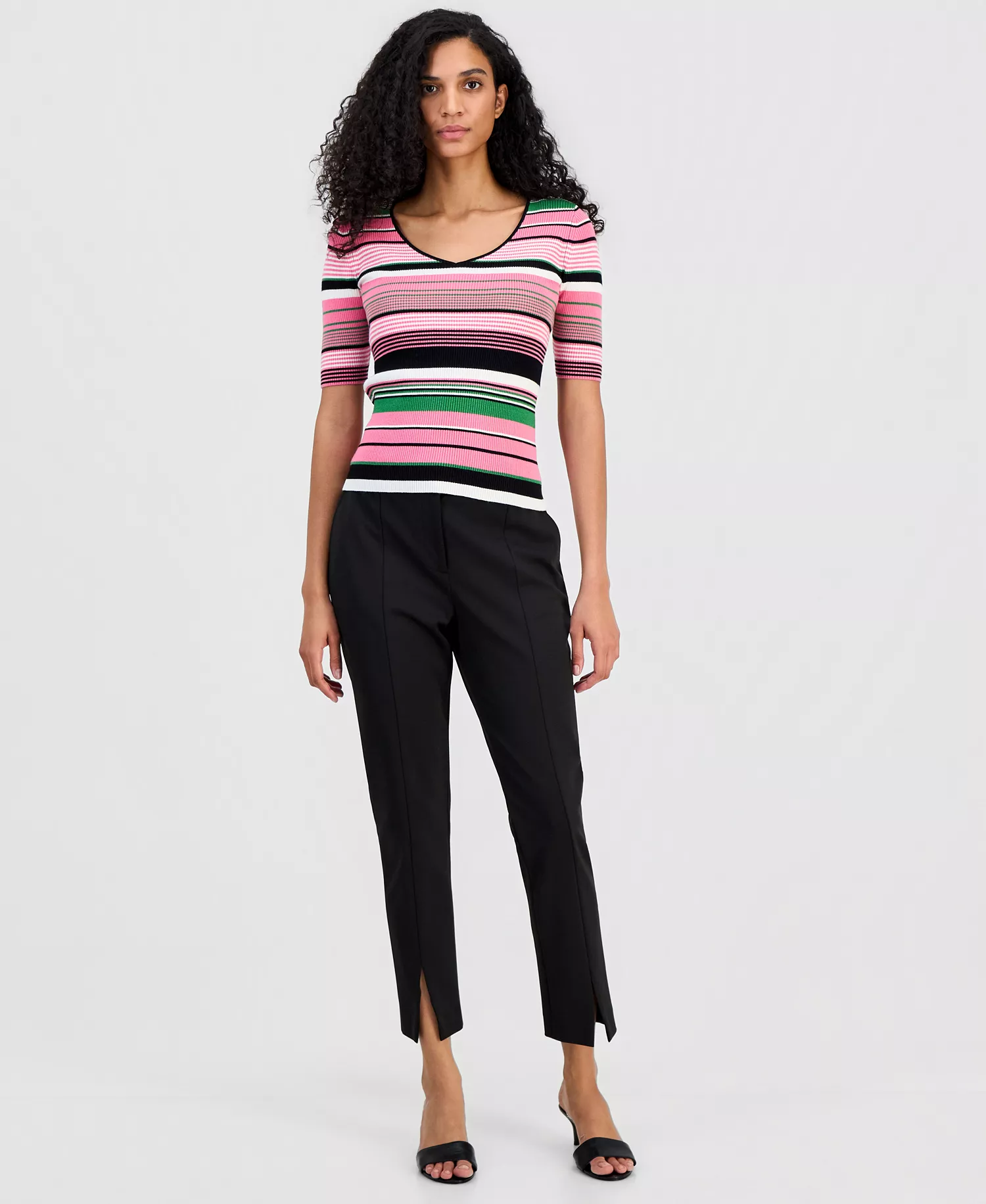 Women's V-Neck Elbow-Sleeve Top - Parisian Pink Stripe - L