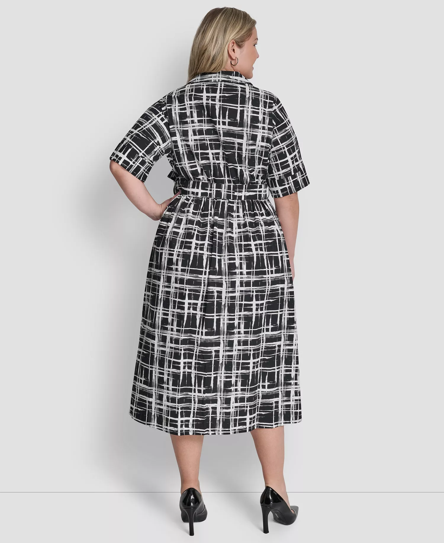 Plus Size Collared Button Down Dress - Black/Ivory - 14W
