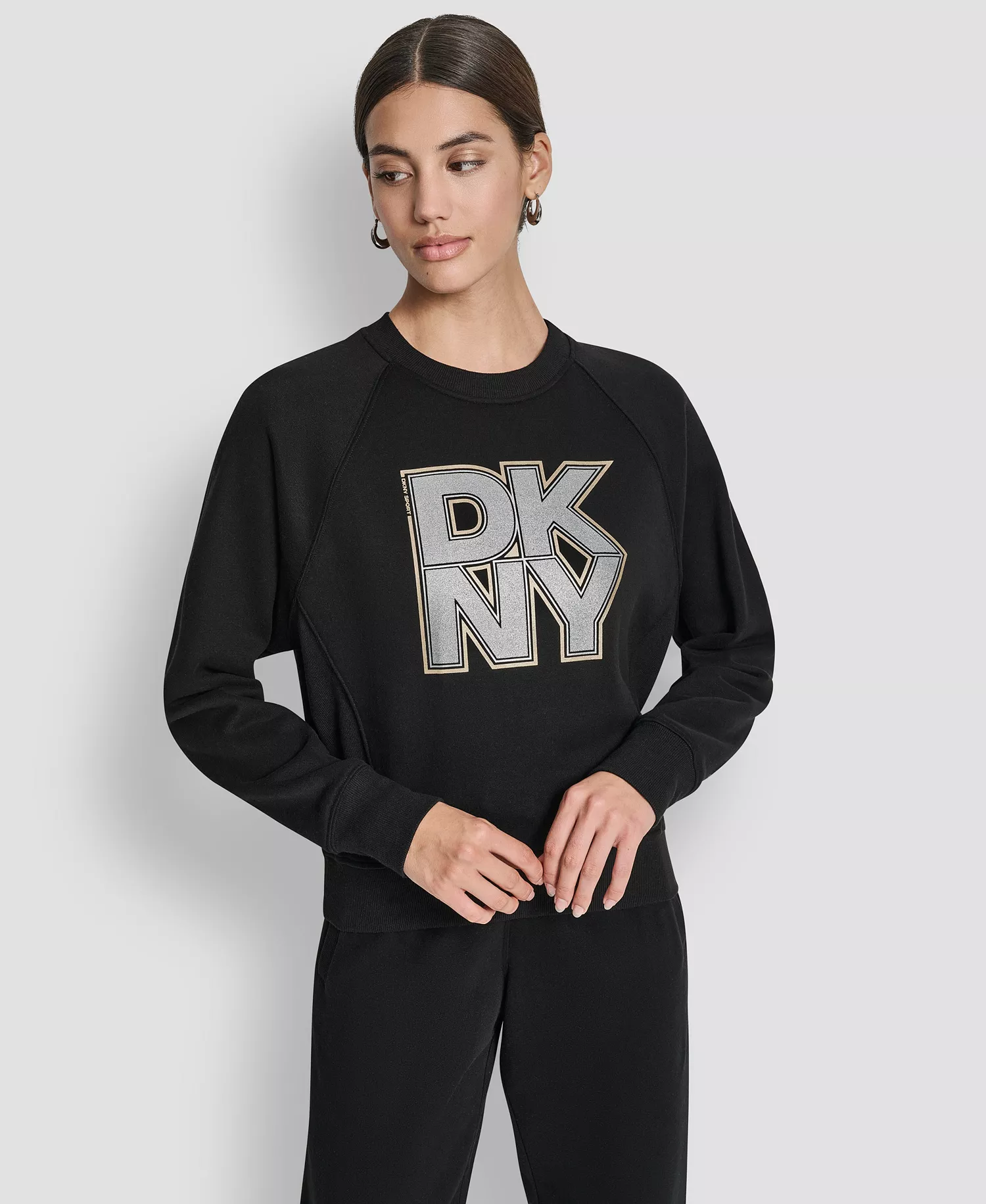 Women's Mixed Metal Stack Glitter Crewneck Top - Black - L