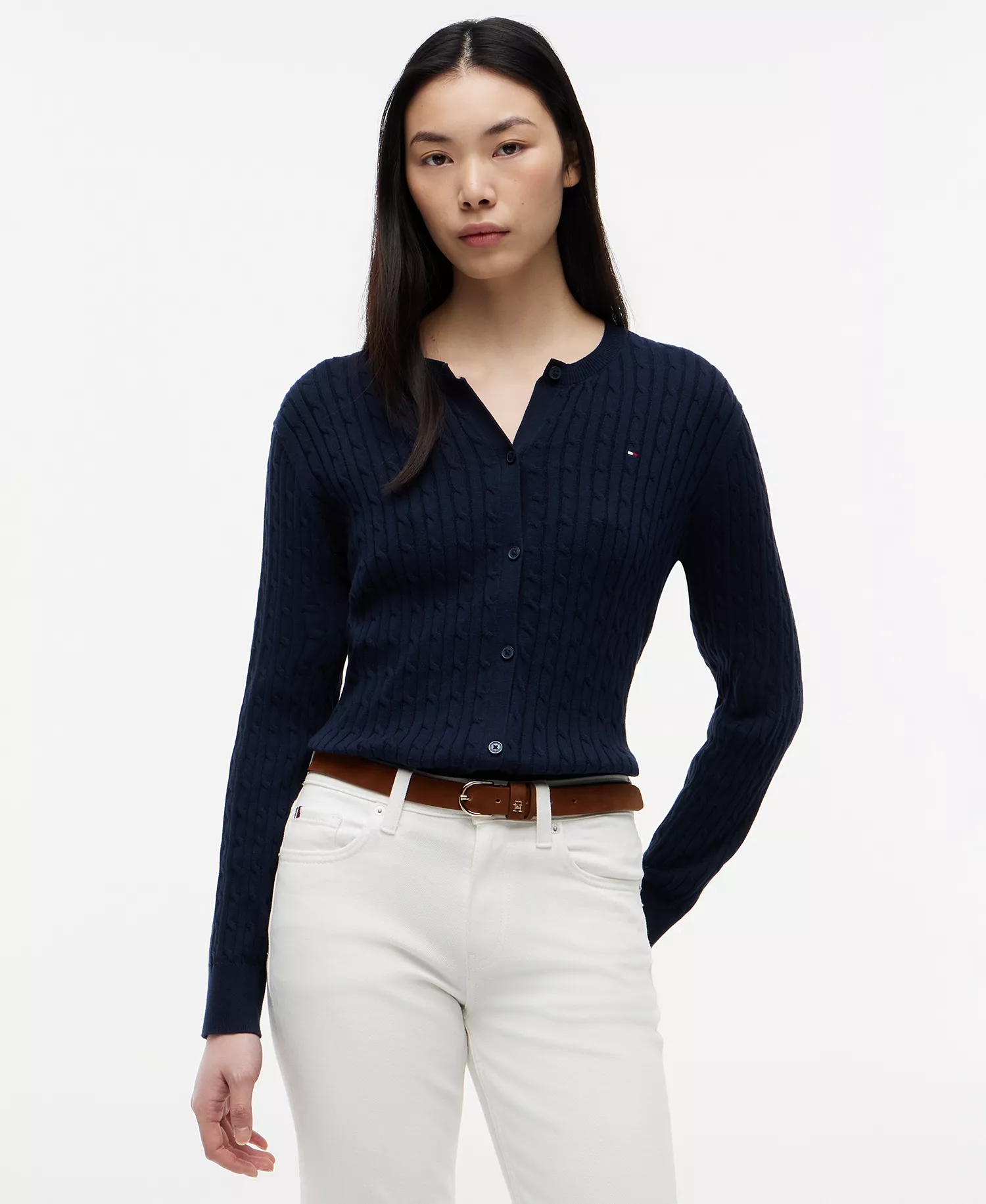 Women's Cable Knit Crew Neck Cardigan Sweater - Dark Night Navy - L