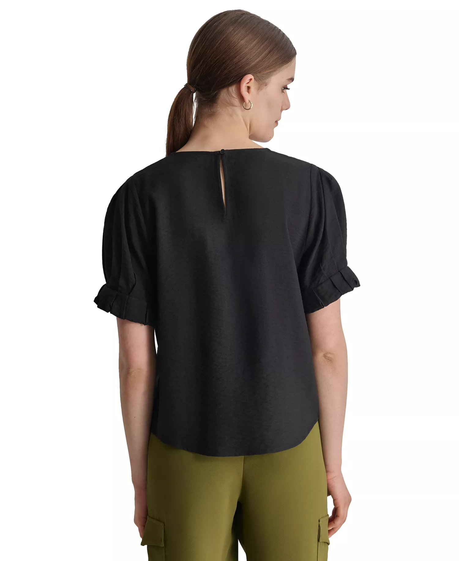 Women's Puff-Sleeve Pleated Blouse - Black - XS
