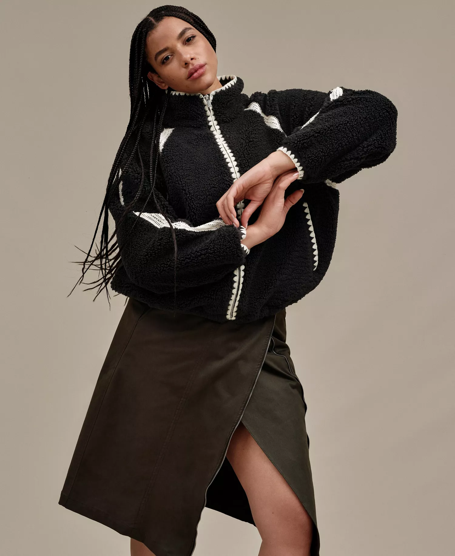 Women's Nikia Crochet Fluff Jacket - Black - L