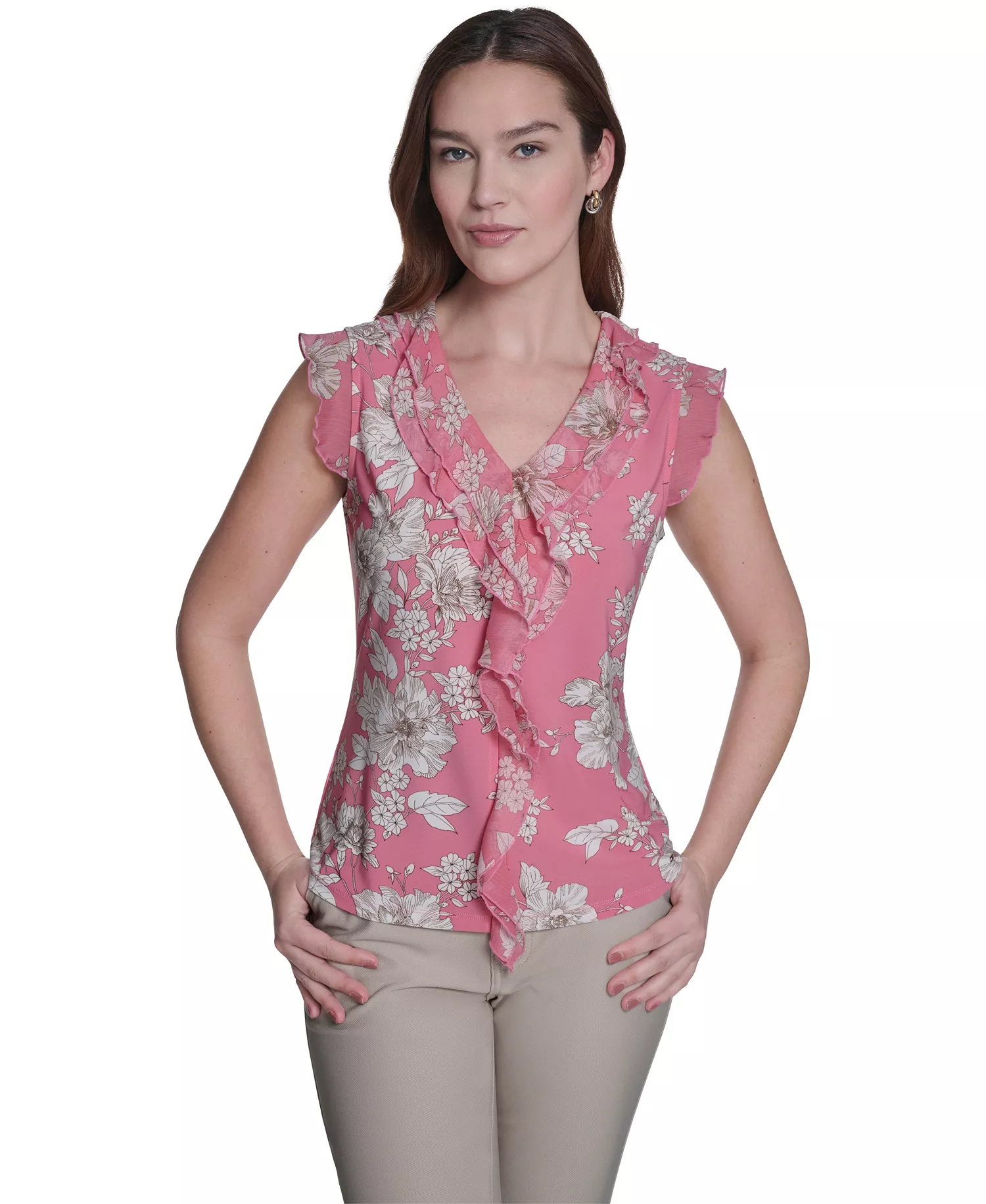 Women's Floral Mixed Media V-Neck Top - Pink Tulip Multi - L