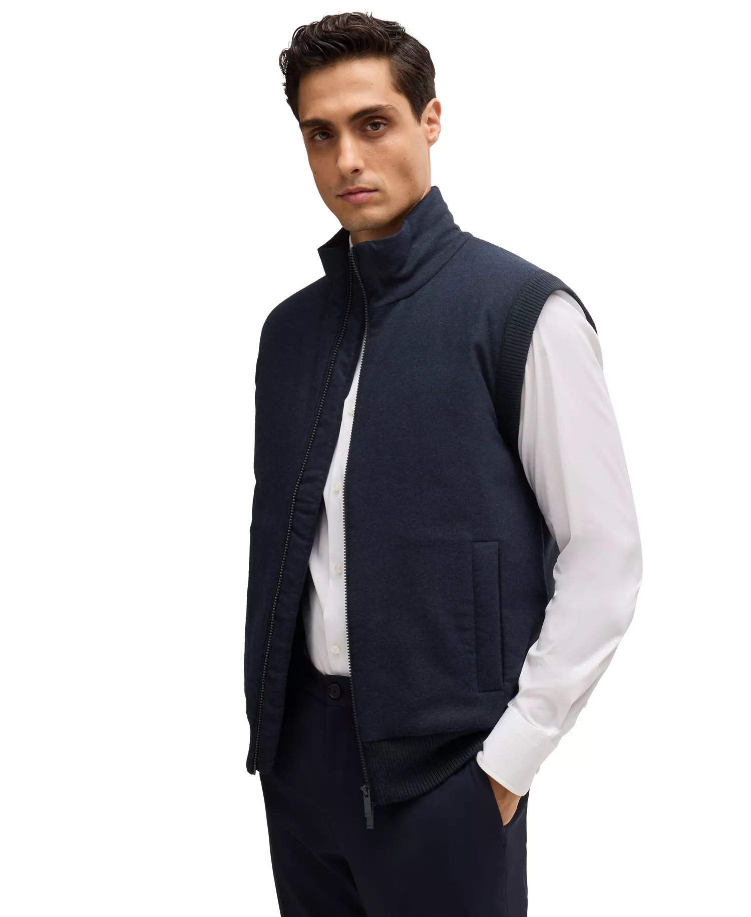 Men's Brushed-Flannel Front Regular-Fit Vest - Dark Blue - L