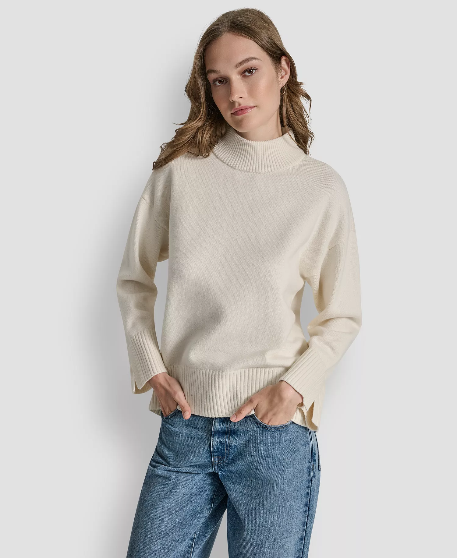 Women's Mock Neck Curved Hem Sweater - Eggnog - XL