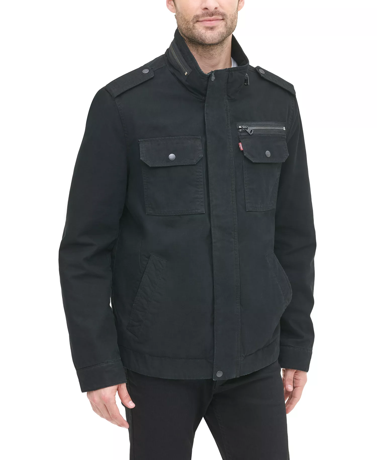 Men's Cotton Zip-Front Jacket   - Black - 2XL