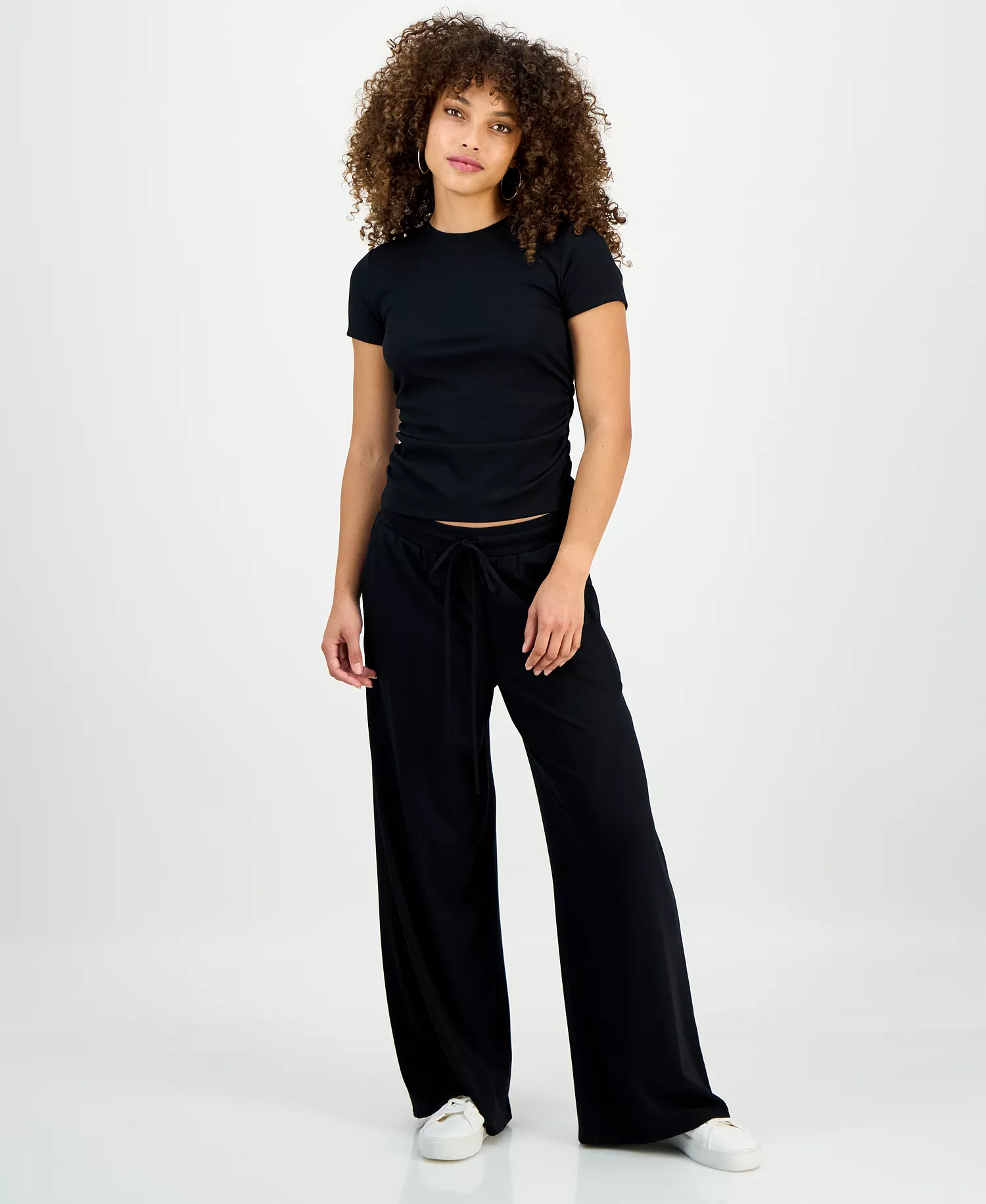 Petite Side-Ruched Ribbed Knit T-Shirt, Macy's Exclusive - Deep Black - P/L