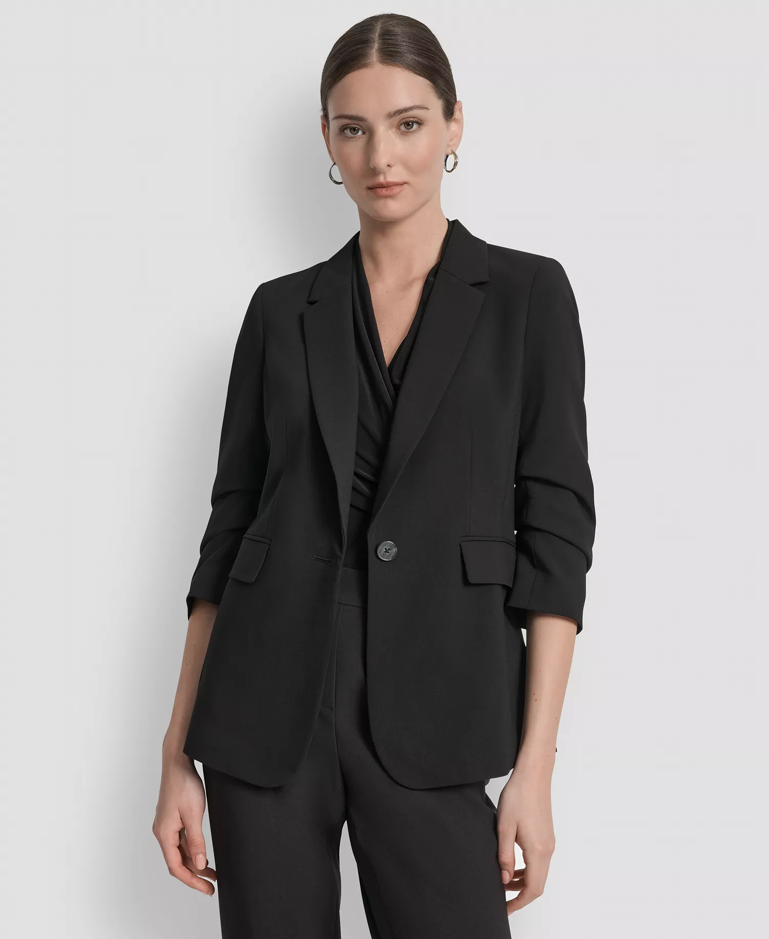 Women's Ruched-Sleeve One-Button Blazer - Black - 0