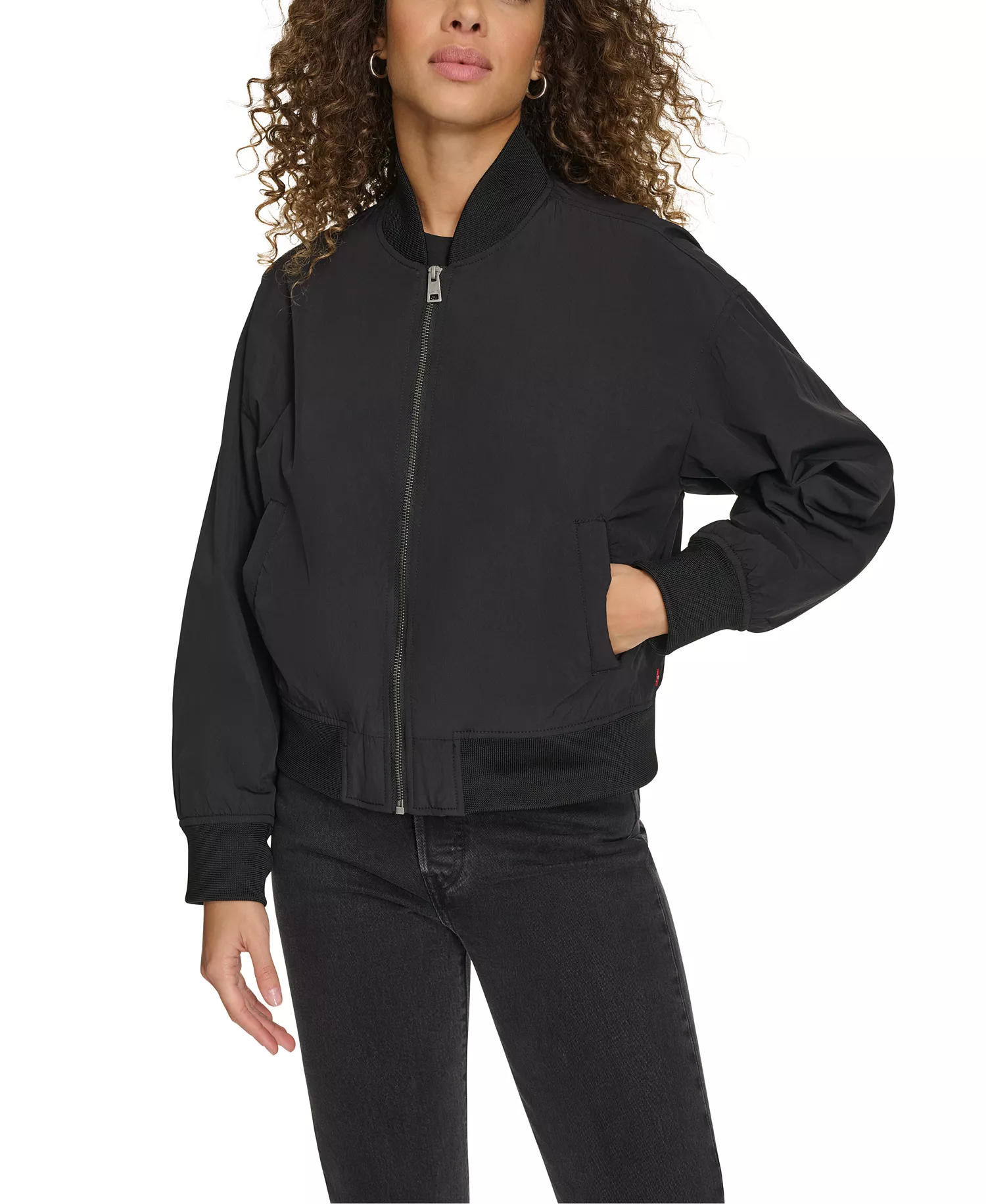 Women's Relaxed Zip-Front Ribbed-Hem Bomber Jacket - Black - L