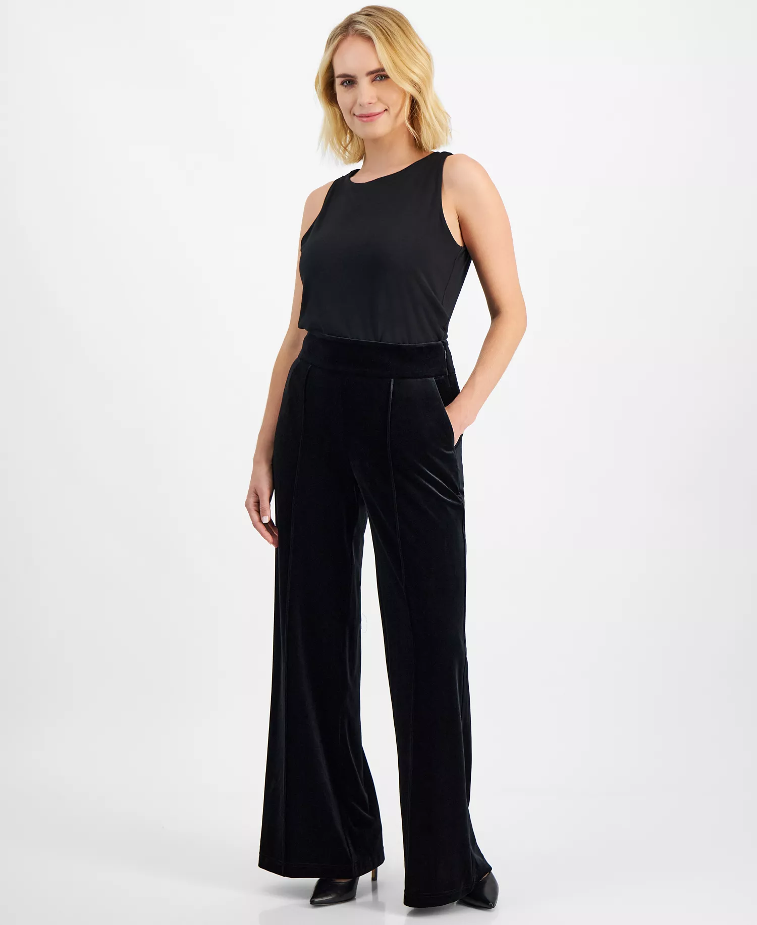 Petite Velvet High-Rise Wide-Leg Pants, Created for Macy's - Deep Black - P/XL