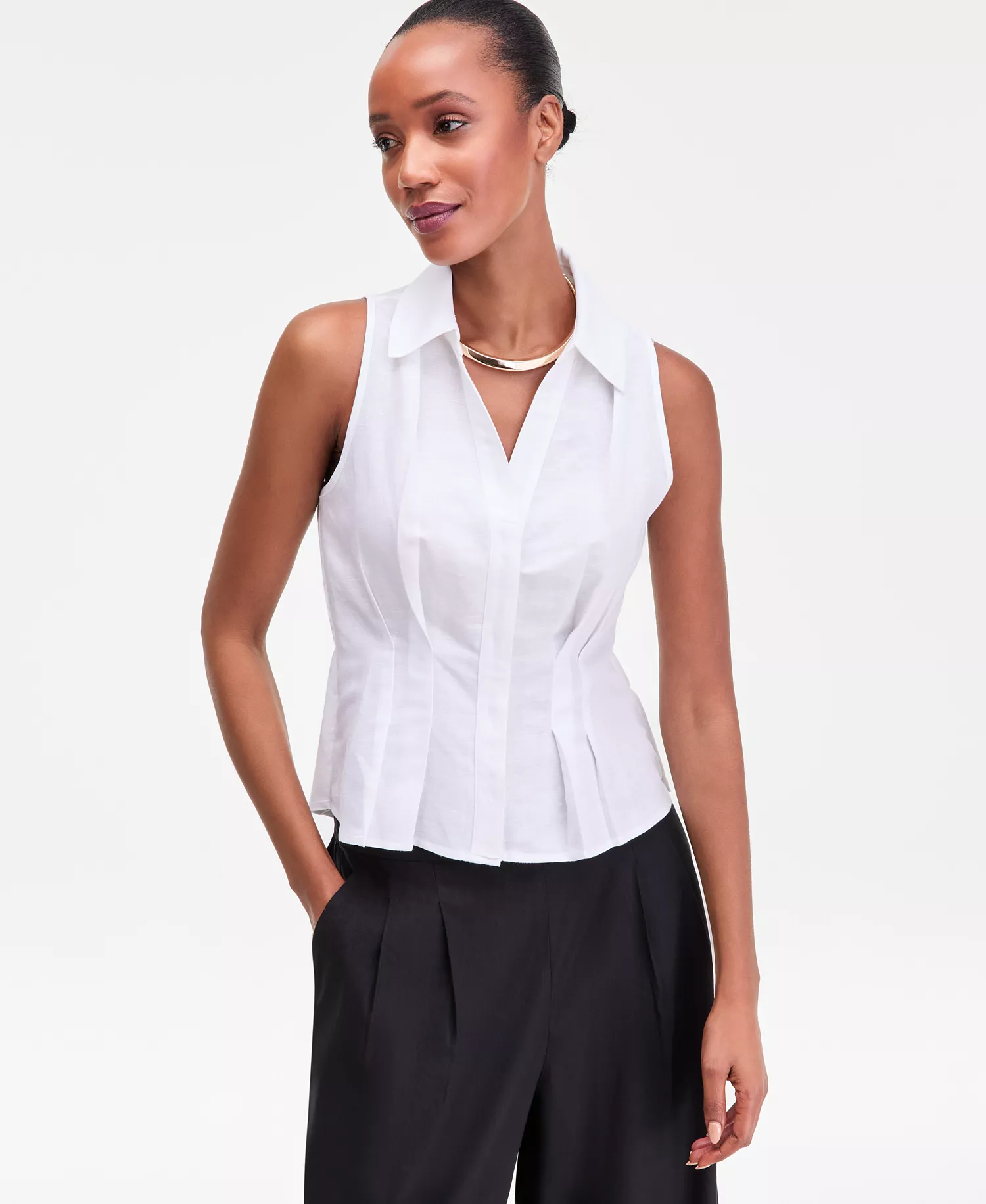 Women's Sleeveless Collared Linen Button-Down Shirt, Macy's Exclusive  - Bright White - L