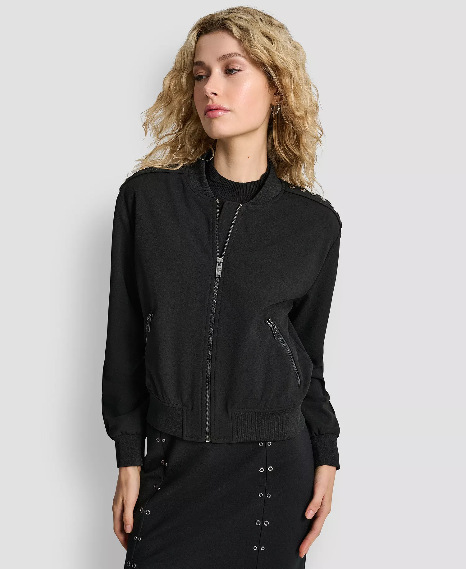 Women's Round Neck Double Weave Grommet Bomber Jacket - Black - M