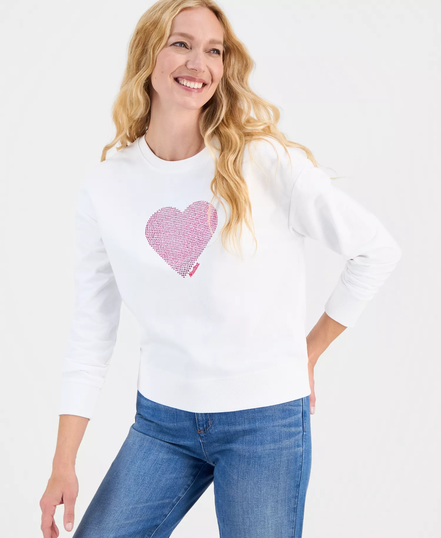 Nautica Women's Embellished Heart Graphic Sweatshirt  - Bright White - L