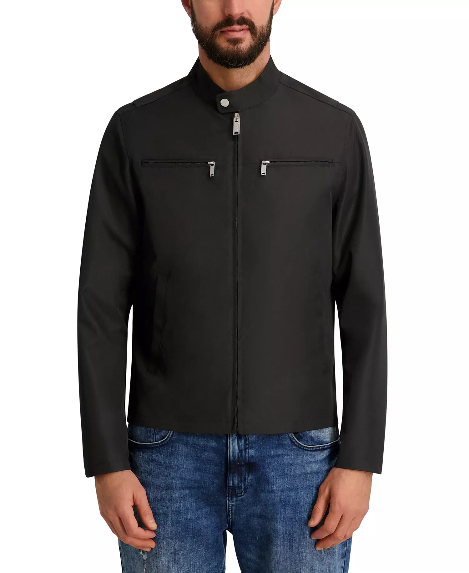 Men's Lightweight Band-Collar Jacket - Black - 2XL