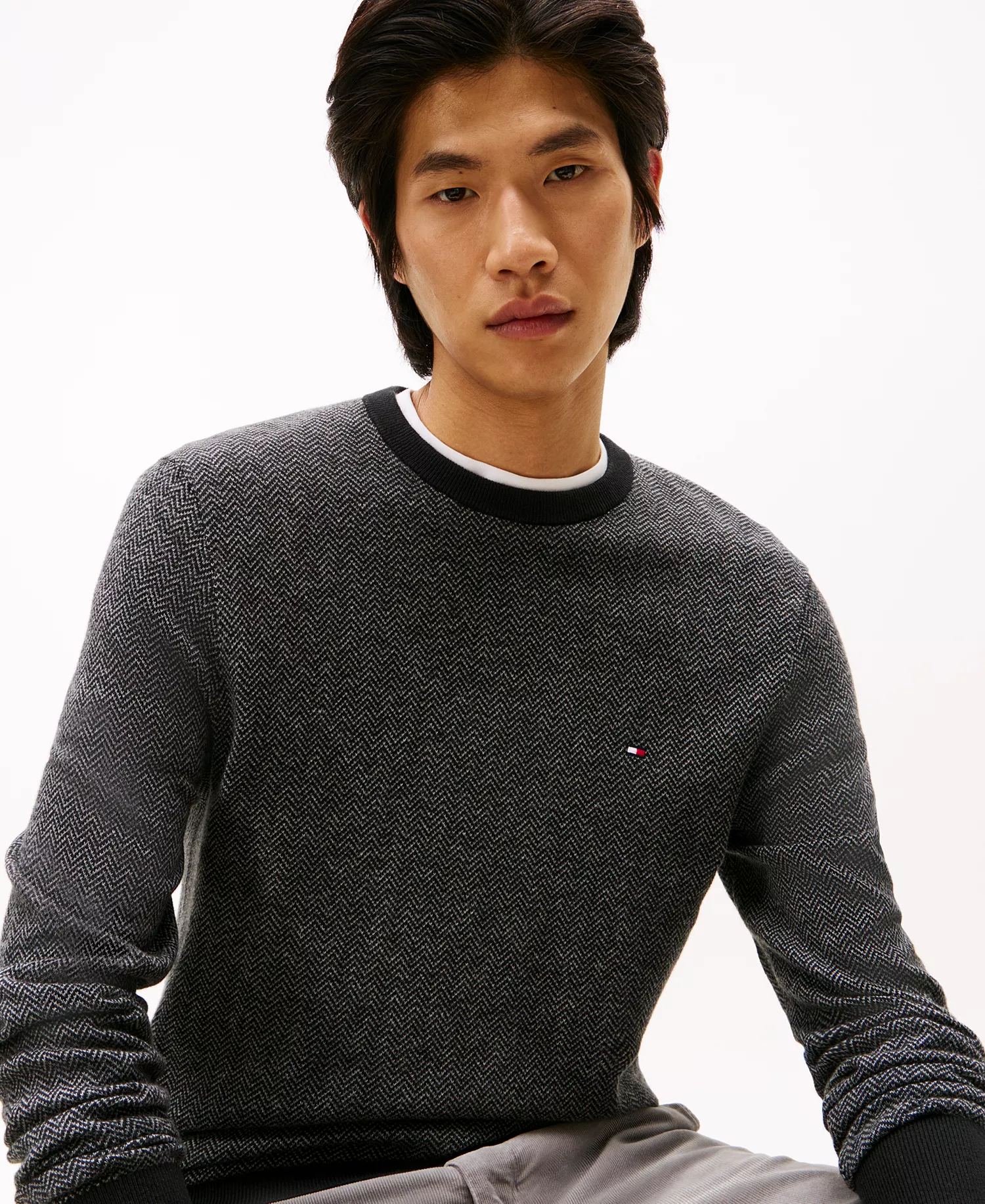 Men's Pima Cotton Cashmere Crew Sweater - Black /Medium Gray Heather - L