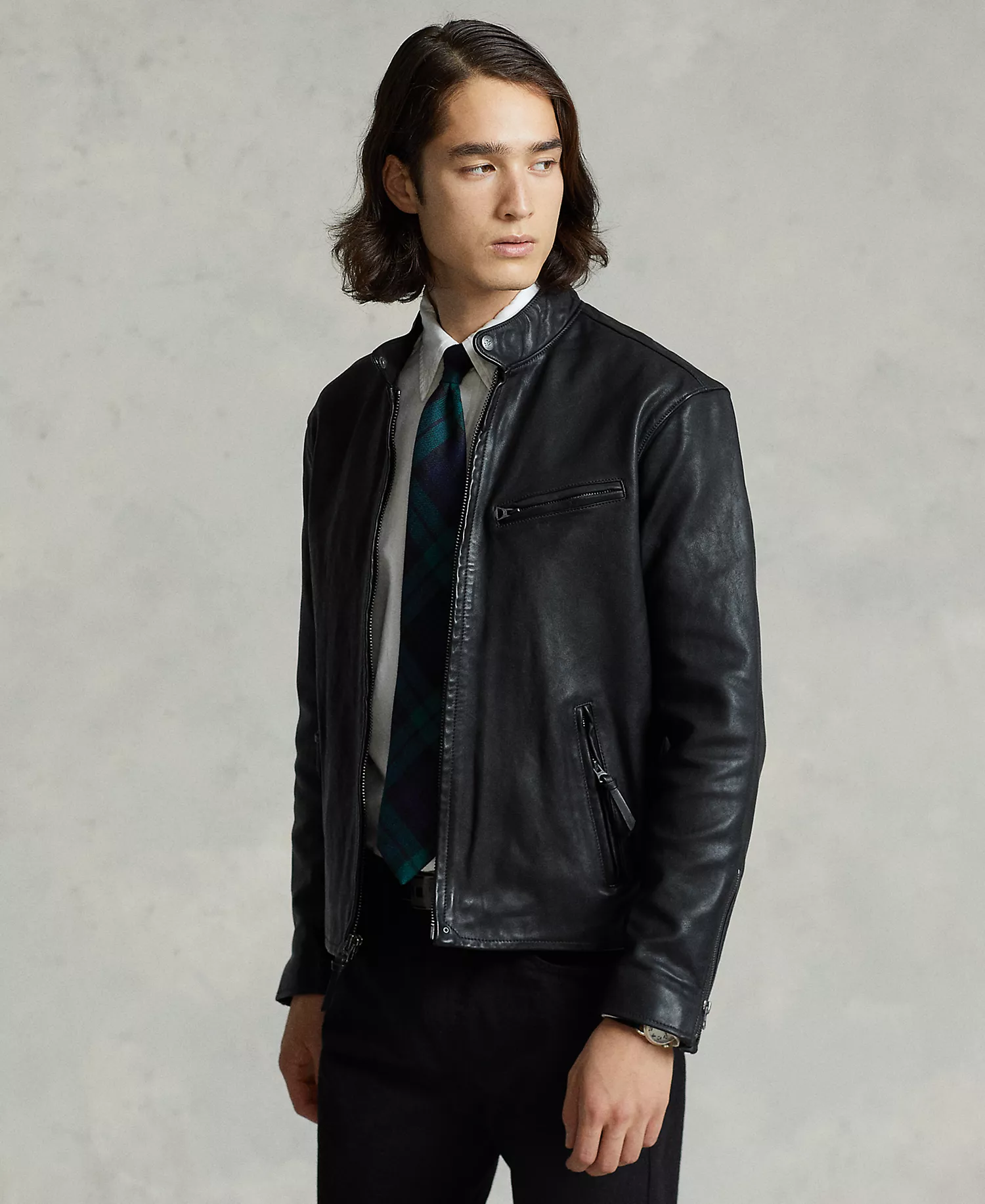 Men's Café Racer Leather Jacket - Polo Black - 2XL