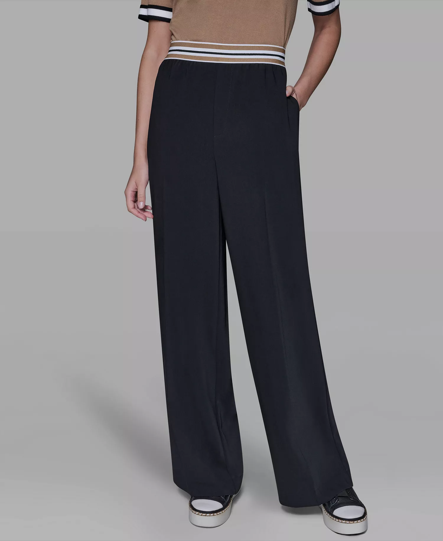 Women's Striped Wide Leg Pull-On Pants - Black - L