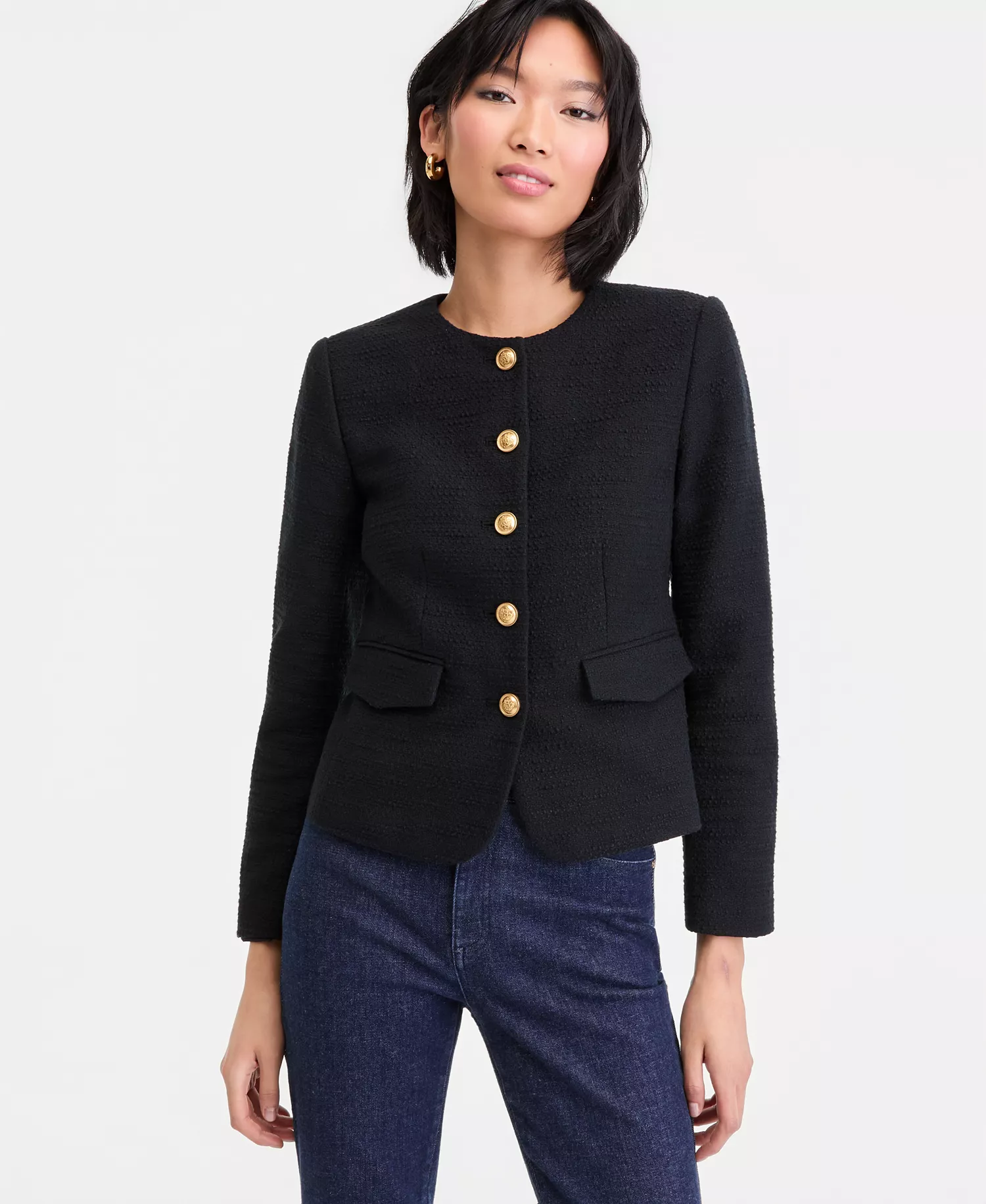 Women's Collarless Cotton Tweed Jacket, Macy's Exclusive - Deep Black - L