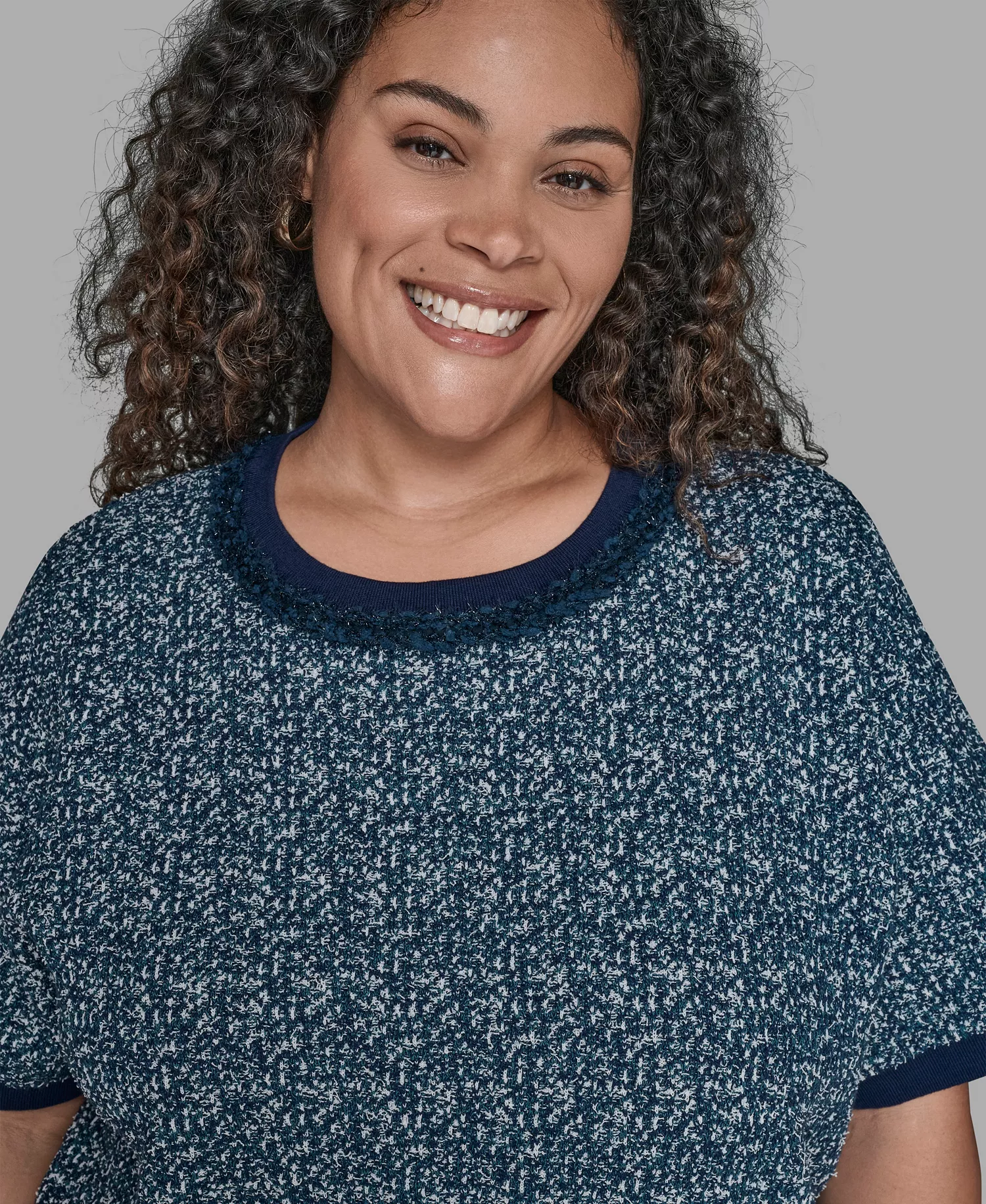 KARL LAGERFIELD PARIS Plus Size Short Sleeve Crew Sweater - Blue Soft White - 0X