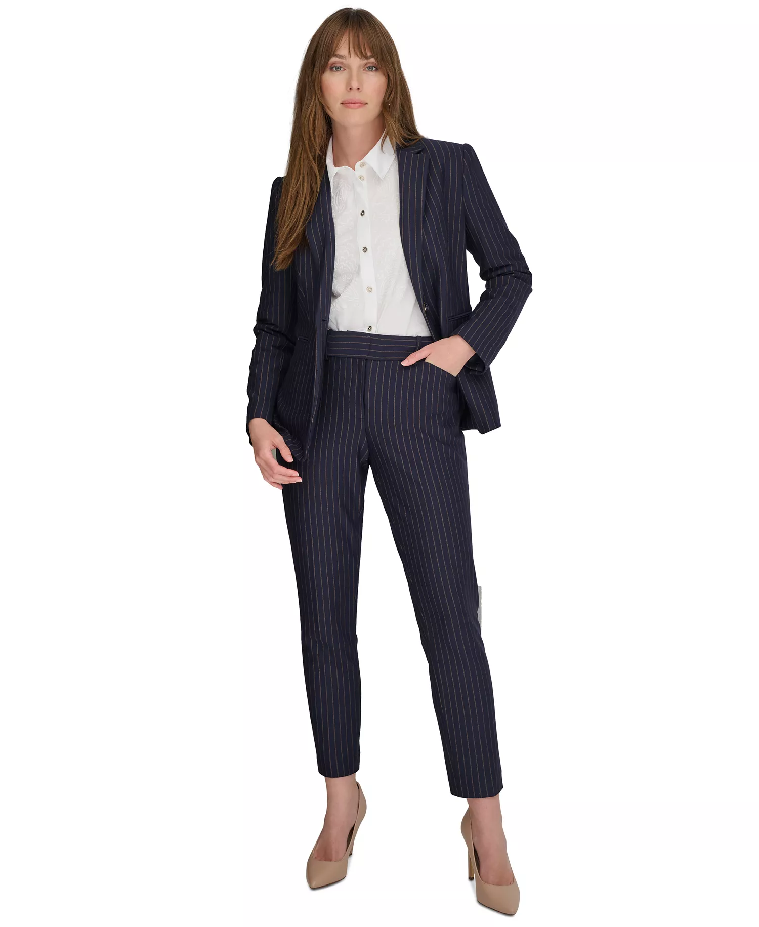 Women's Pinstriped Blazer & Pants  - Mdngt/taba - 0