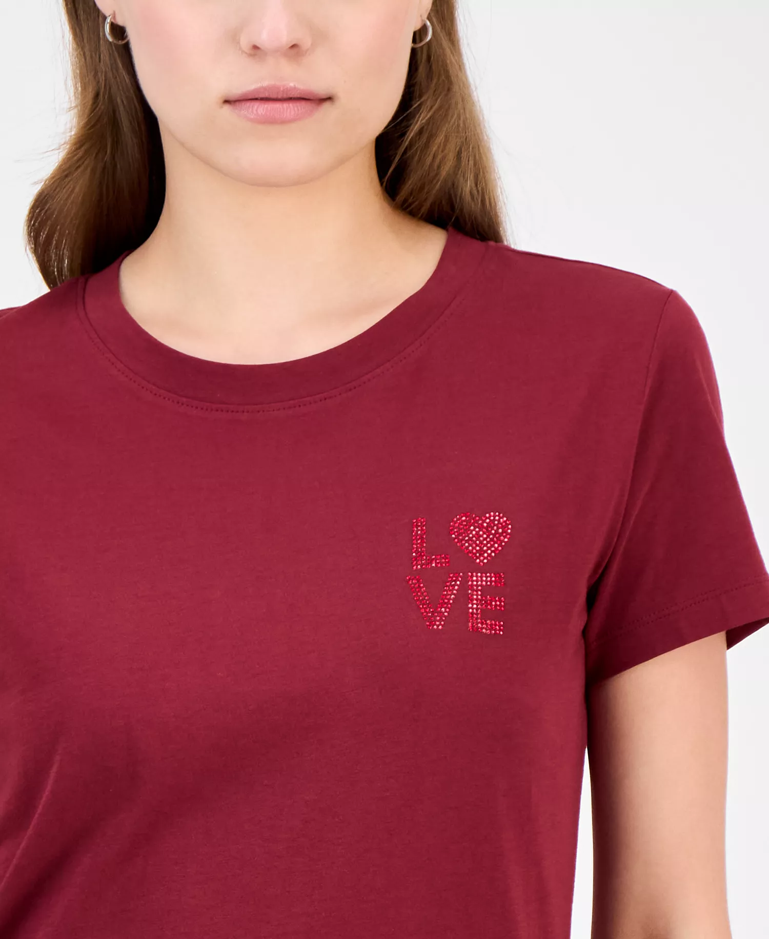 Women's Love Rhinestone T-Shirt - Dark Red - M