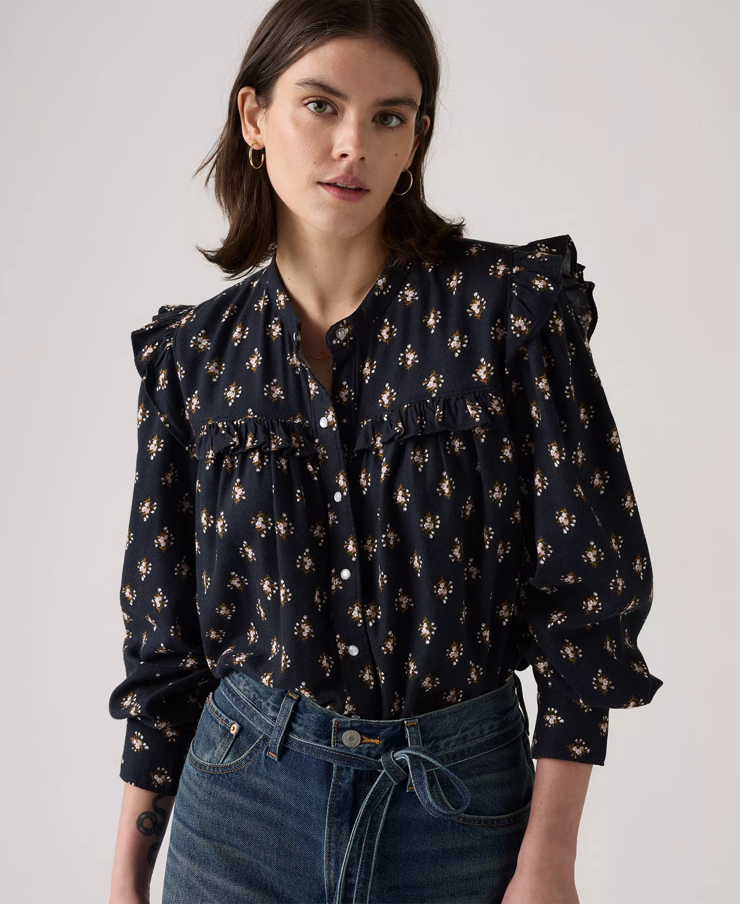Women's Gianna Long Sleeve Ruffle Trim Blouse - Blue multi - L