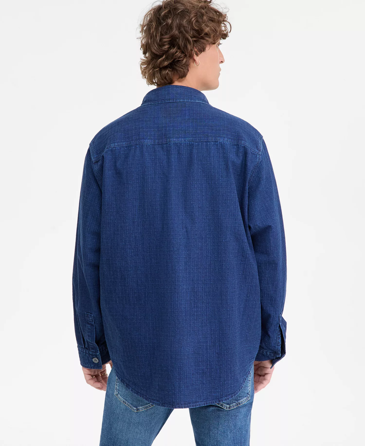 Ebargo Grid-Pattern Denim Button-Front Shirt Jacket - navy - L