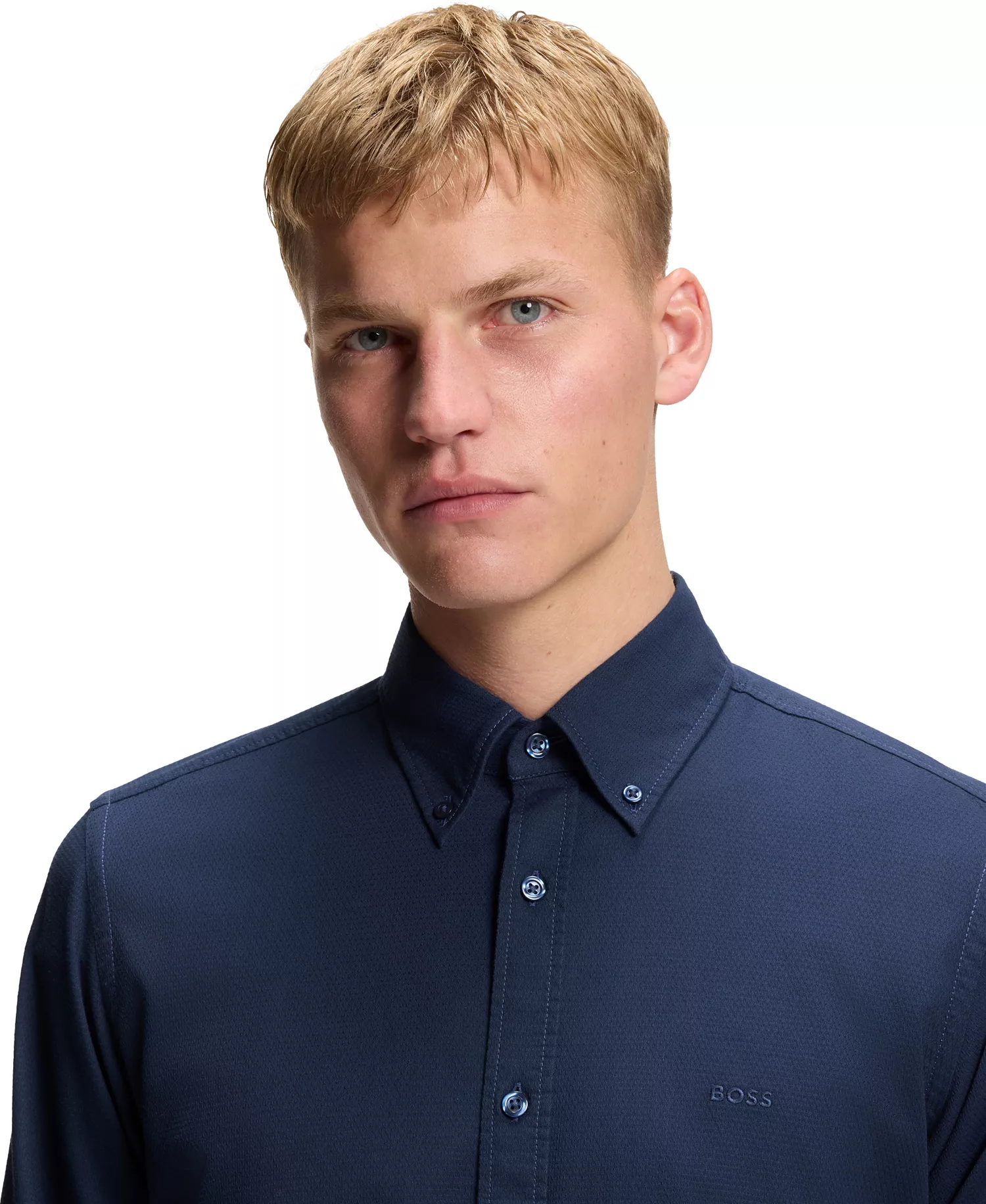 Men's Stretch-Cotton Dobby Regular-Fit Dress Shirt - Open Blue - L