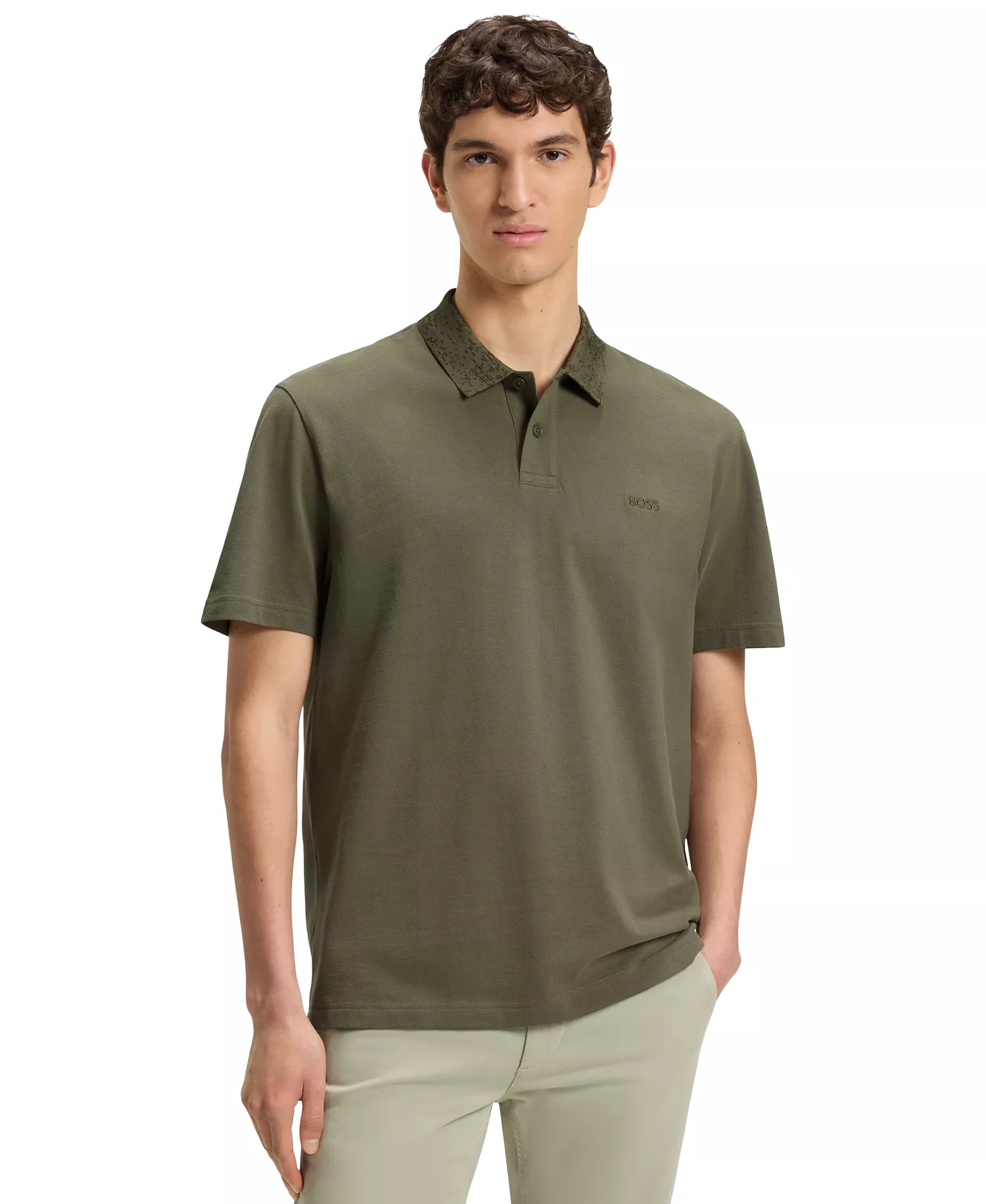Men's Patterned Collar Cotton-Pique Polo Shirt - Open Green - S