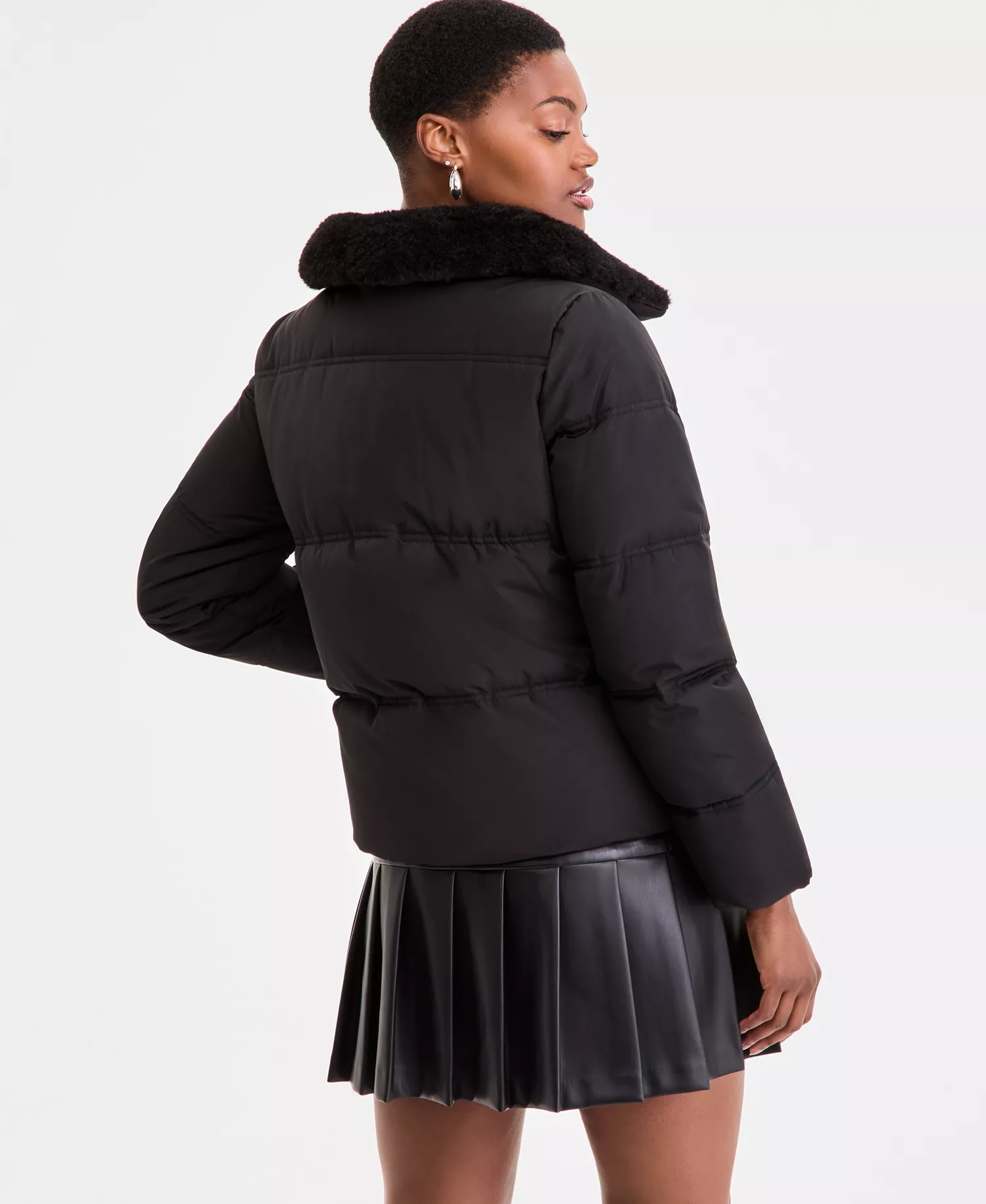Women's Faux-Fur-Collar Zip-Front Puffer Coat - Black - L