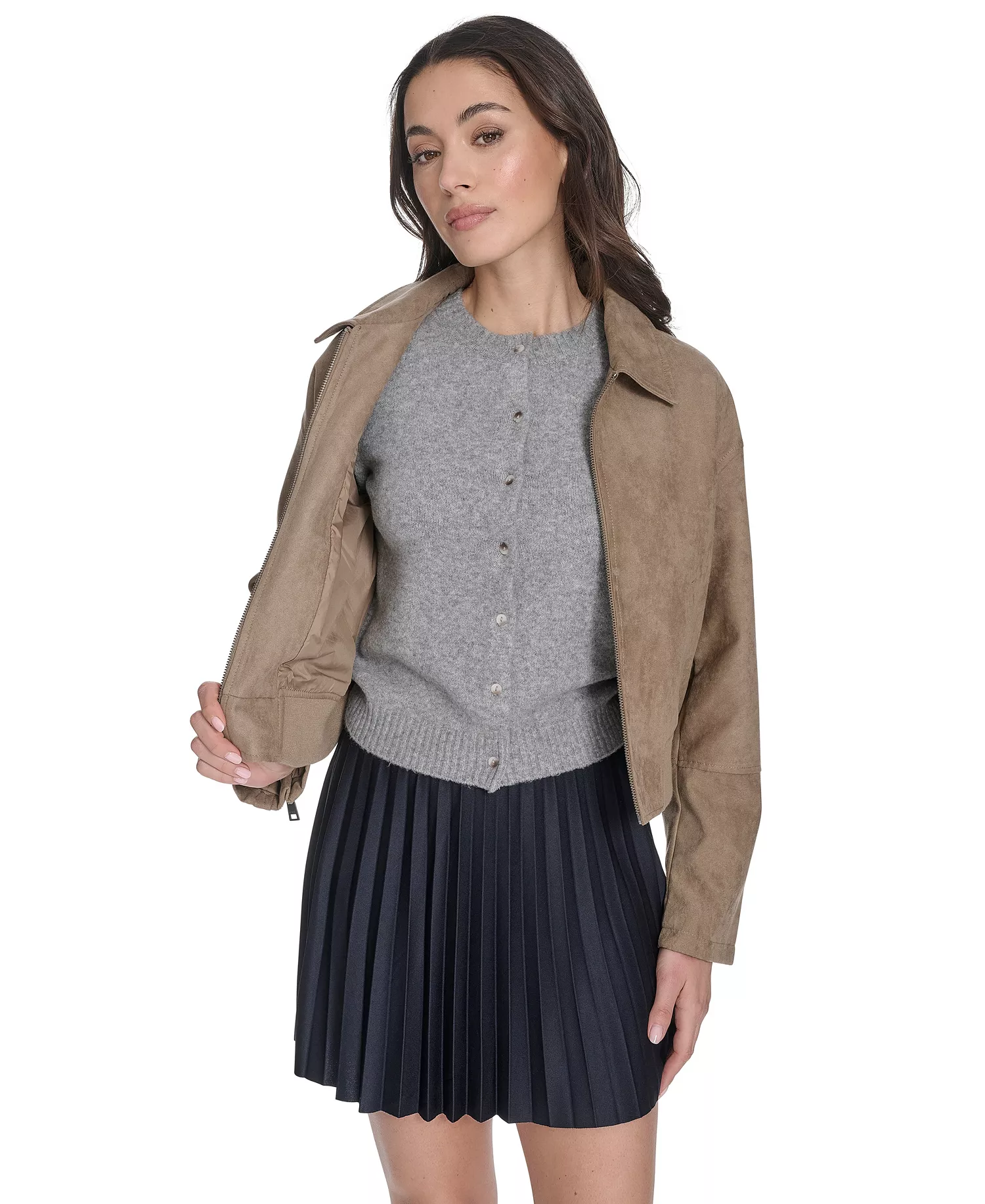 Women's Regular Faux Suede Bomber Jacket - Tan - M