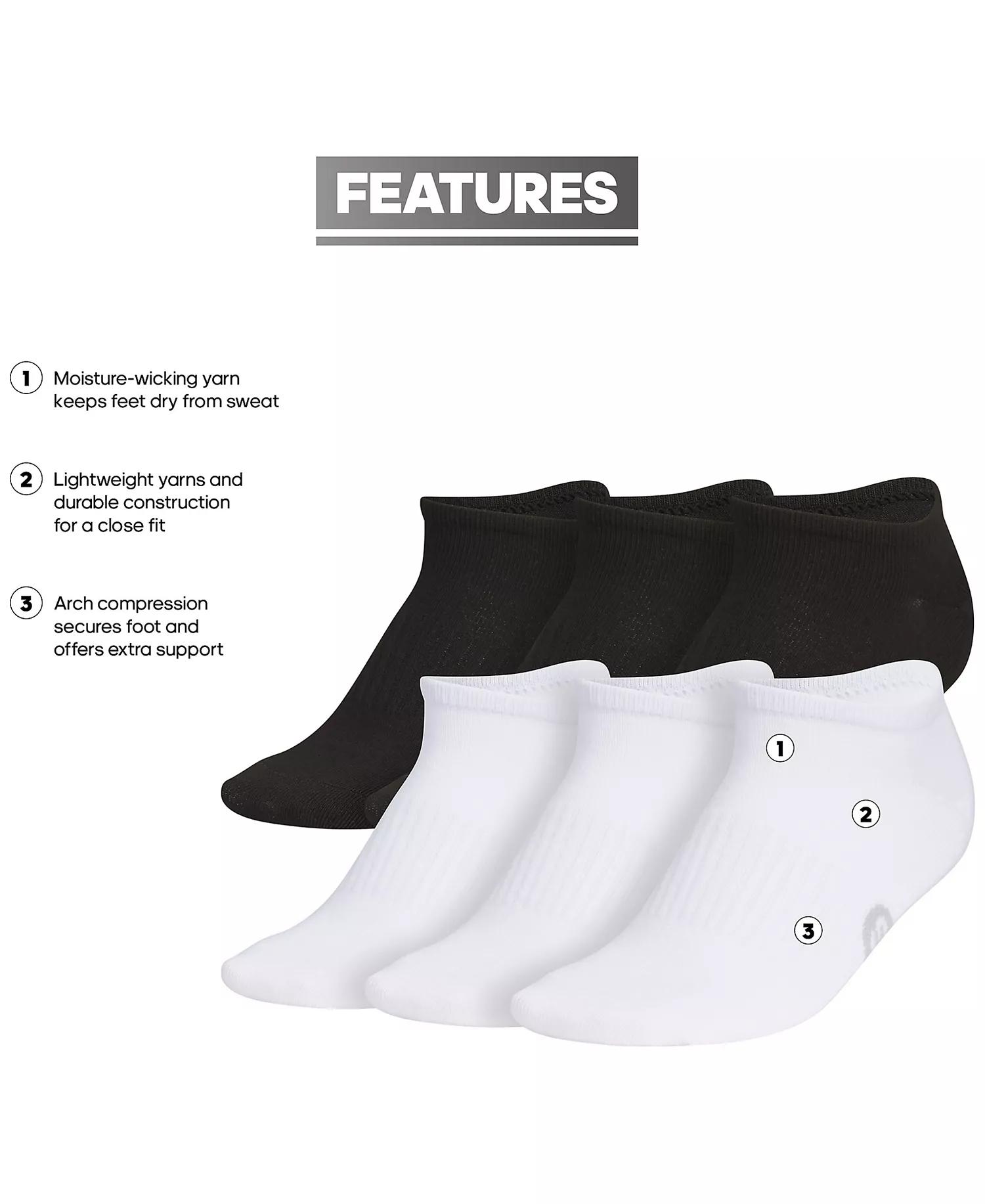 Women's 6-Pk. Superlite Classic No Show Socks - Black/Grey/White - 9-11