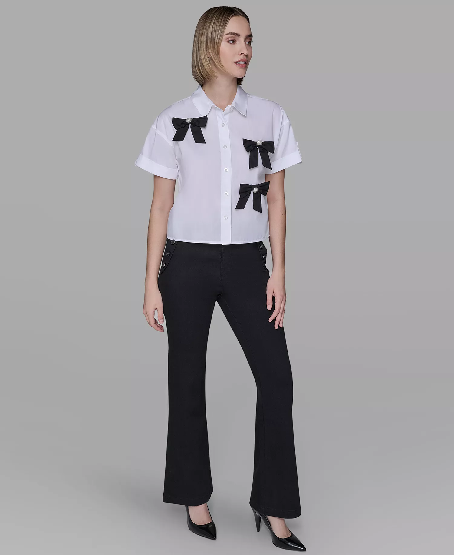 Petite Bow Short Sleeve Top - White - P/L