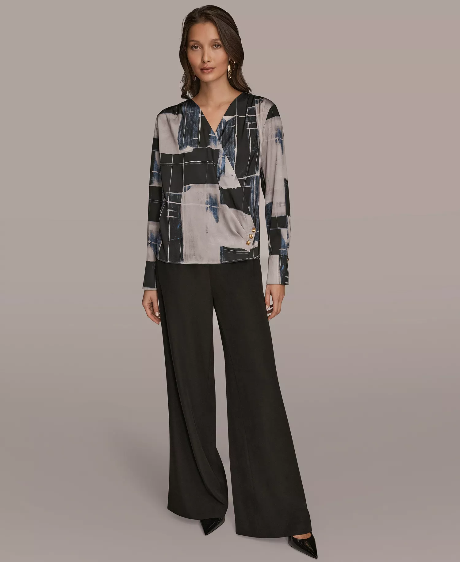 Women's Faux Wrap Long Sleeve V-Neck Top - Vapor Multi - L