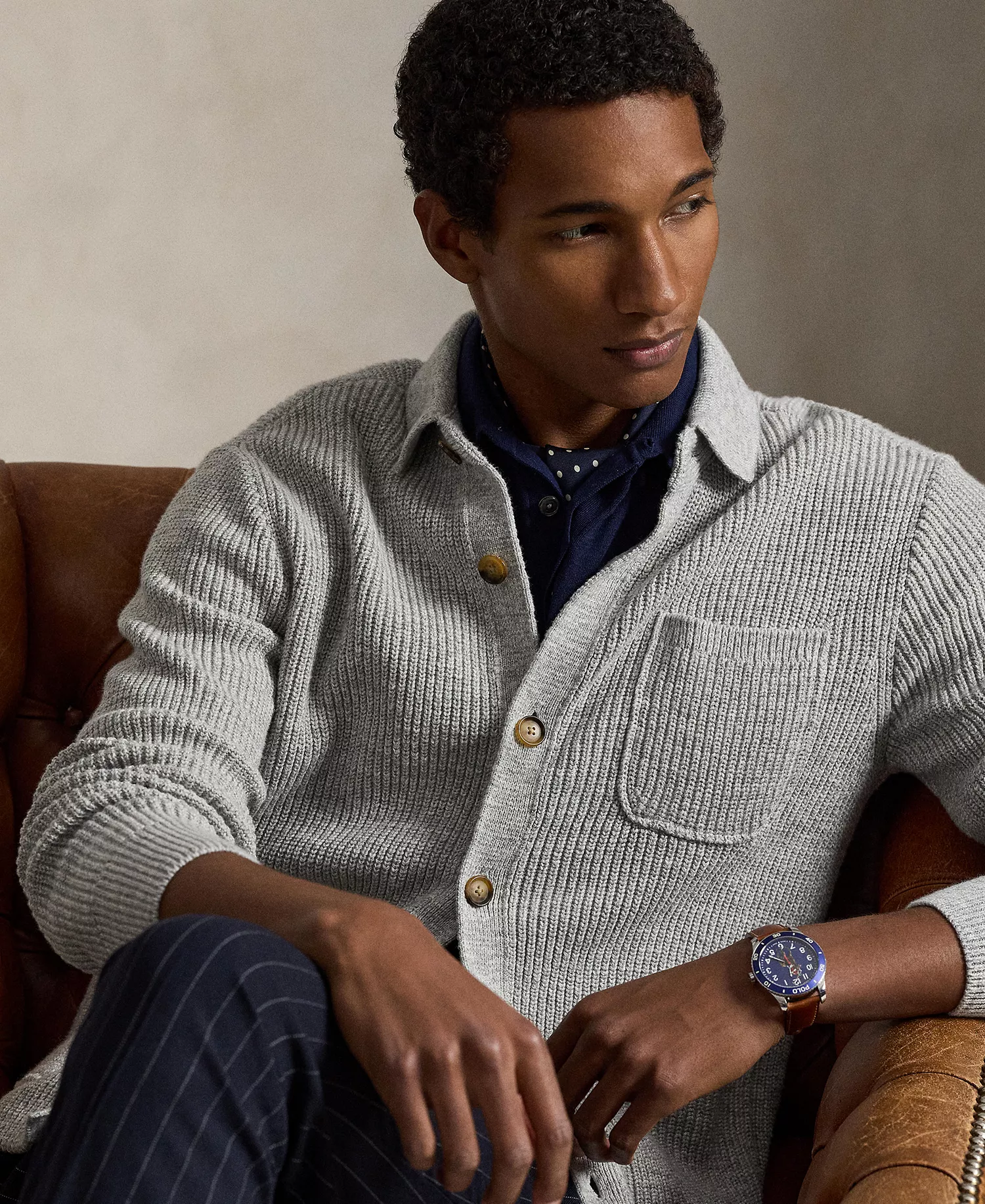 Men's Collared Button-Front Cardigan - Gray - 2XL